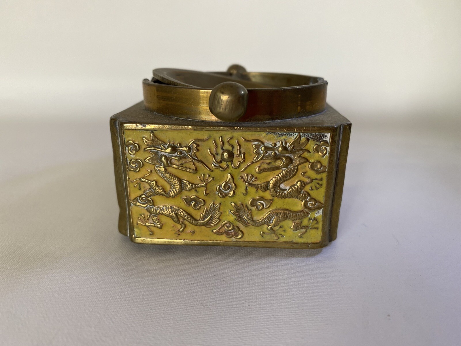 Antique Chinese Enamel Flip Top Ashtray With Eight Dragons Marked CHINA￼