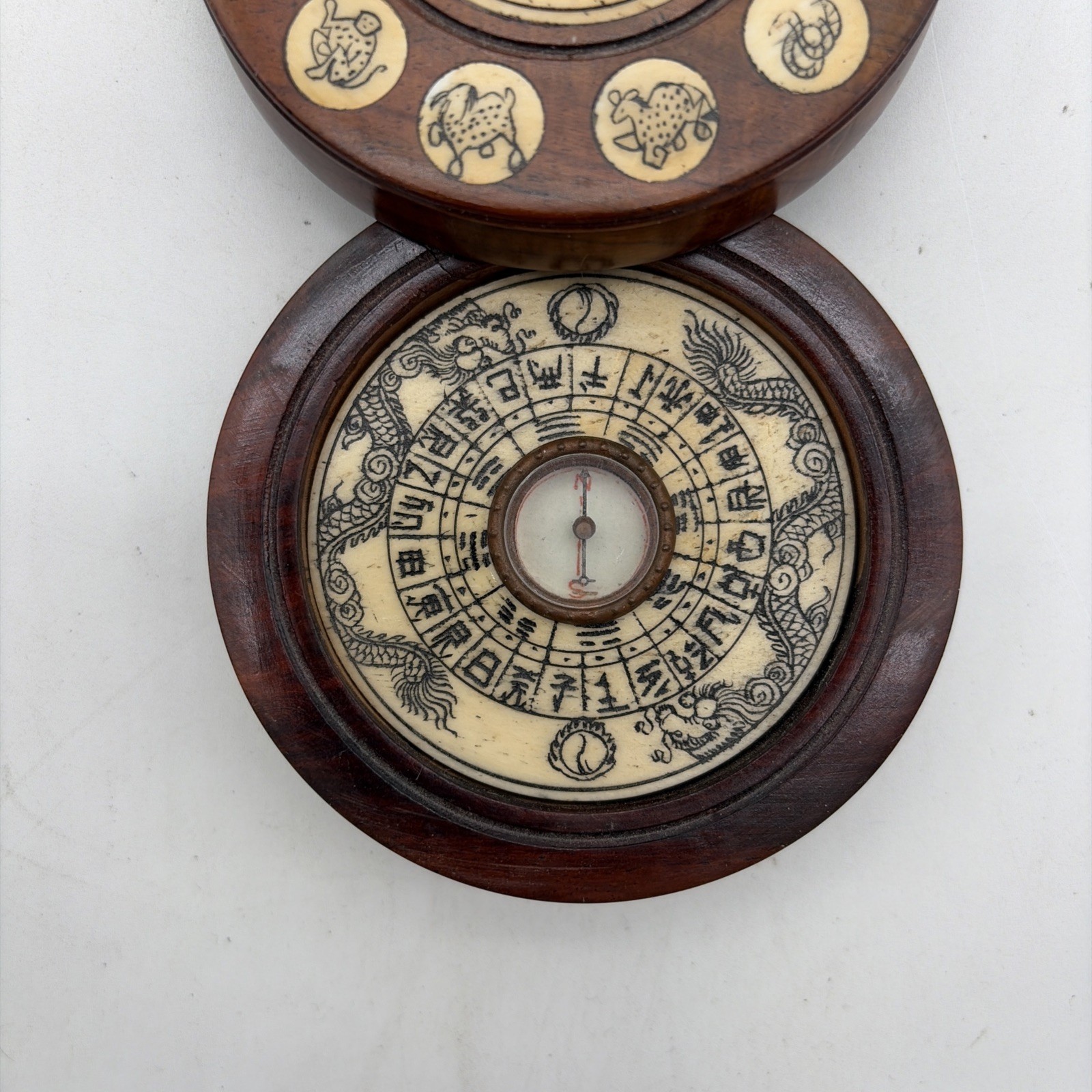 Dark Wooden Chinese Round Compass with Animal Zodiac Inlay Design