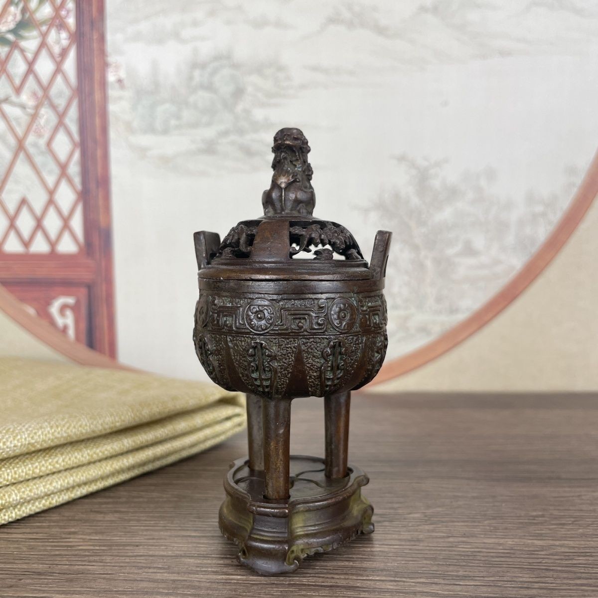 Antique Bronze Tripod Censer Lion Lid Incense Burner Copper Collection Decor