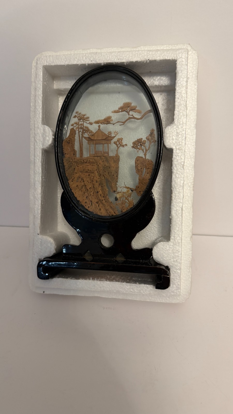 San You Chinese Carved Cork Diorama Glass Case Cranes Pagoda Trees 8 Inch