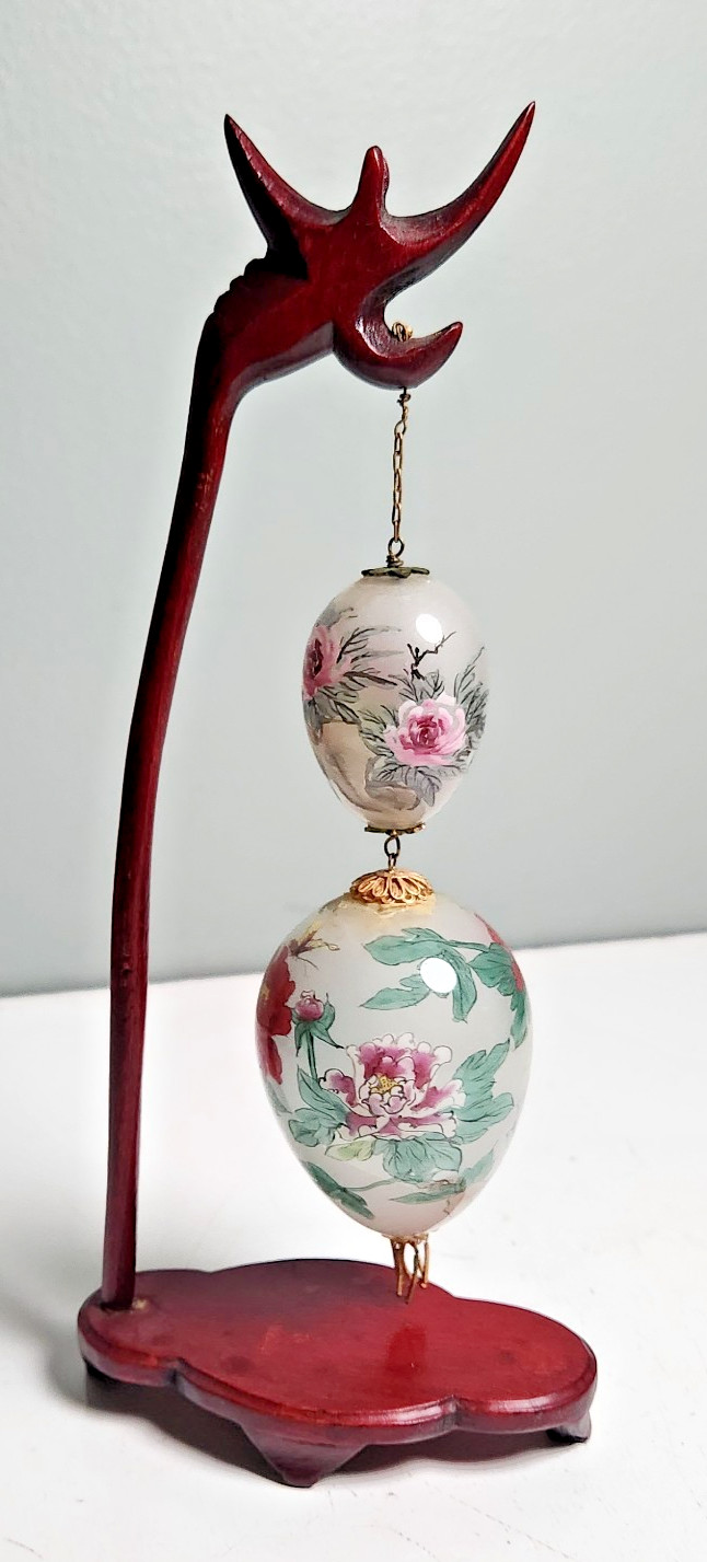 Vintage Chinese Reverse Hand Painted Glass Egg Hanging Wood Display