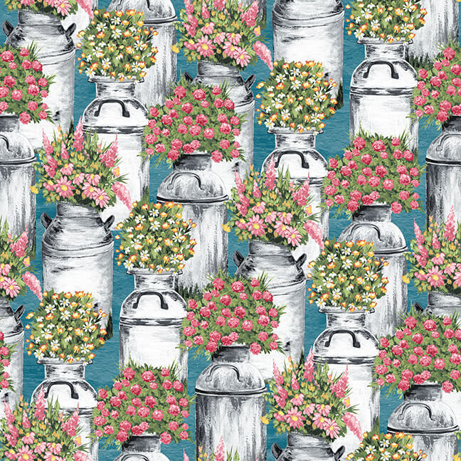 French Hill Farms Fabric | Milk Can & Flowers Allover Blue | Blank YARD