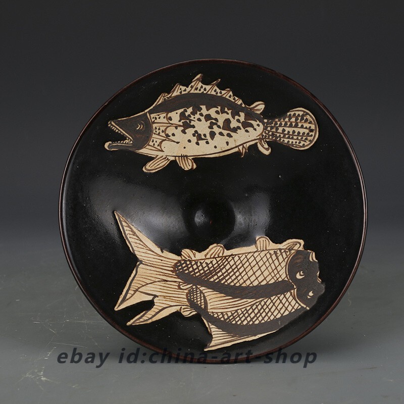 6.2″ Good China Jizhou Kiln Porcelain Black Glaze Brown Color Fish Grain Teacup