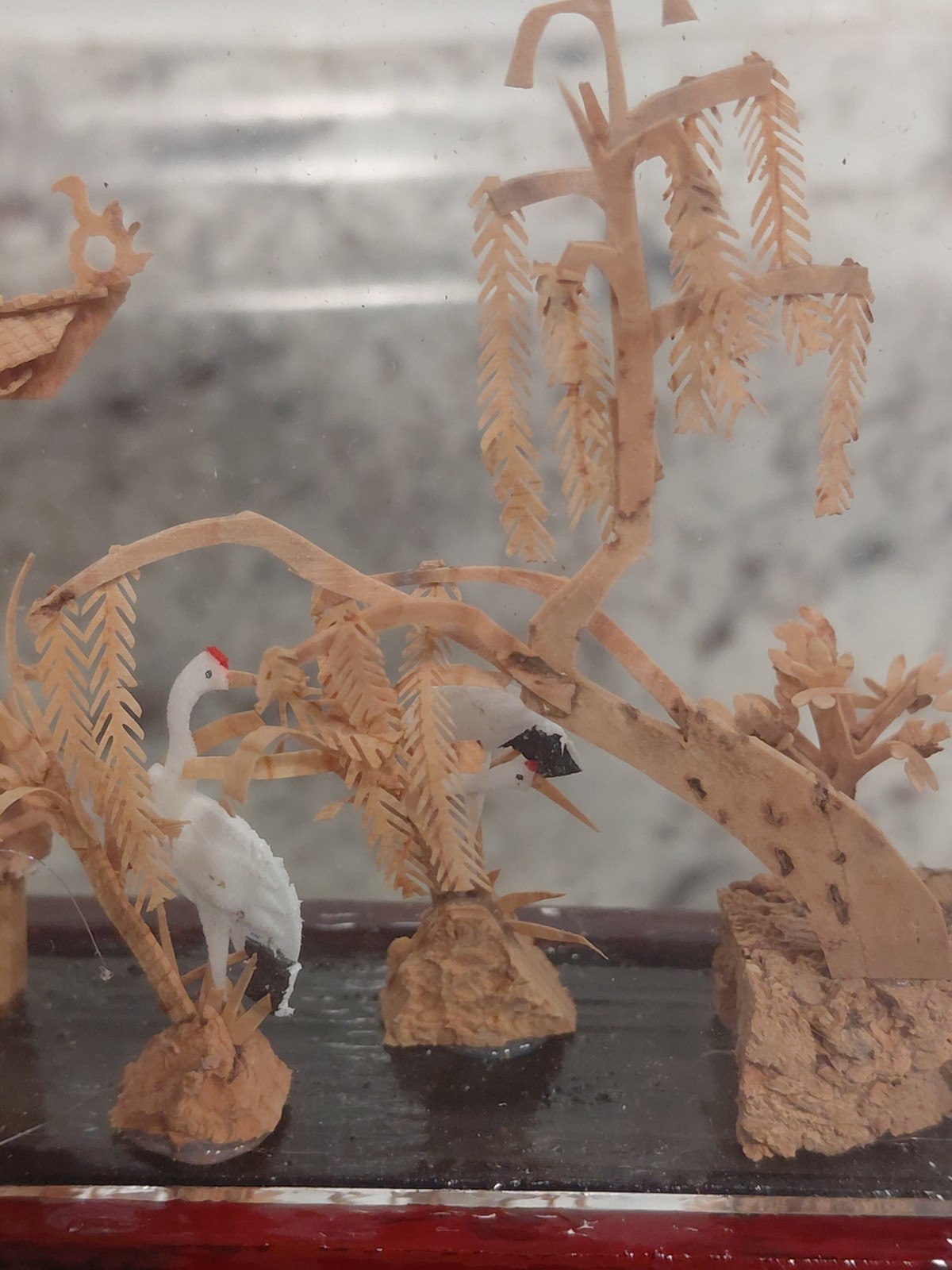 Vintage Oval Chinese Cork Art Diorama Shadow Box Pagoda Cranes Scene Glass Frame