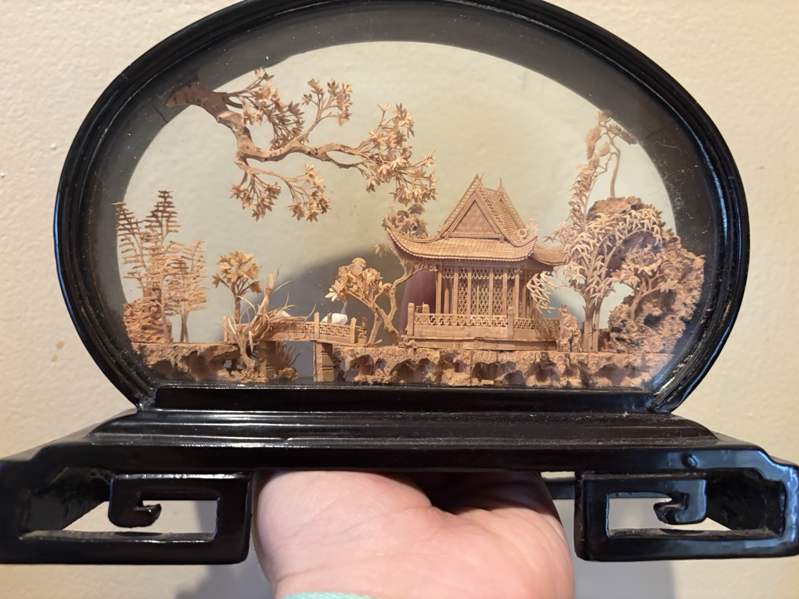 Vtg San Diorama Cork HandCarved W/ Pagoda Trees & Cranes In Glass Case