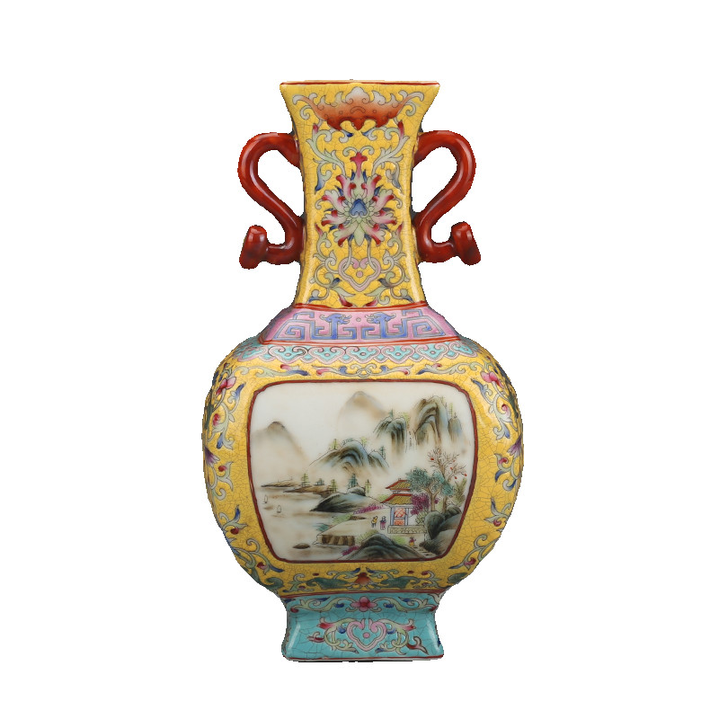 8.8″ China Colour Enamels Porcelain Yellow Glaze Hill Water Scenery Two Ear Vase