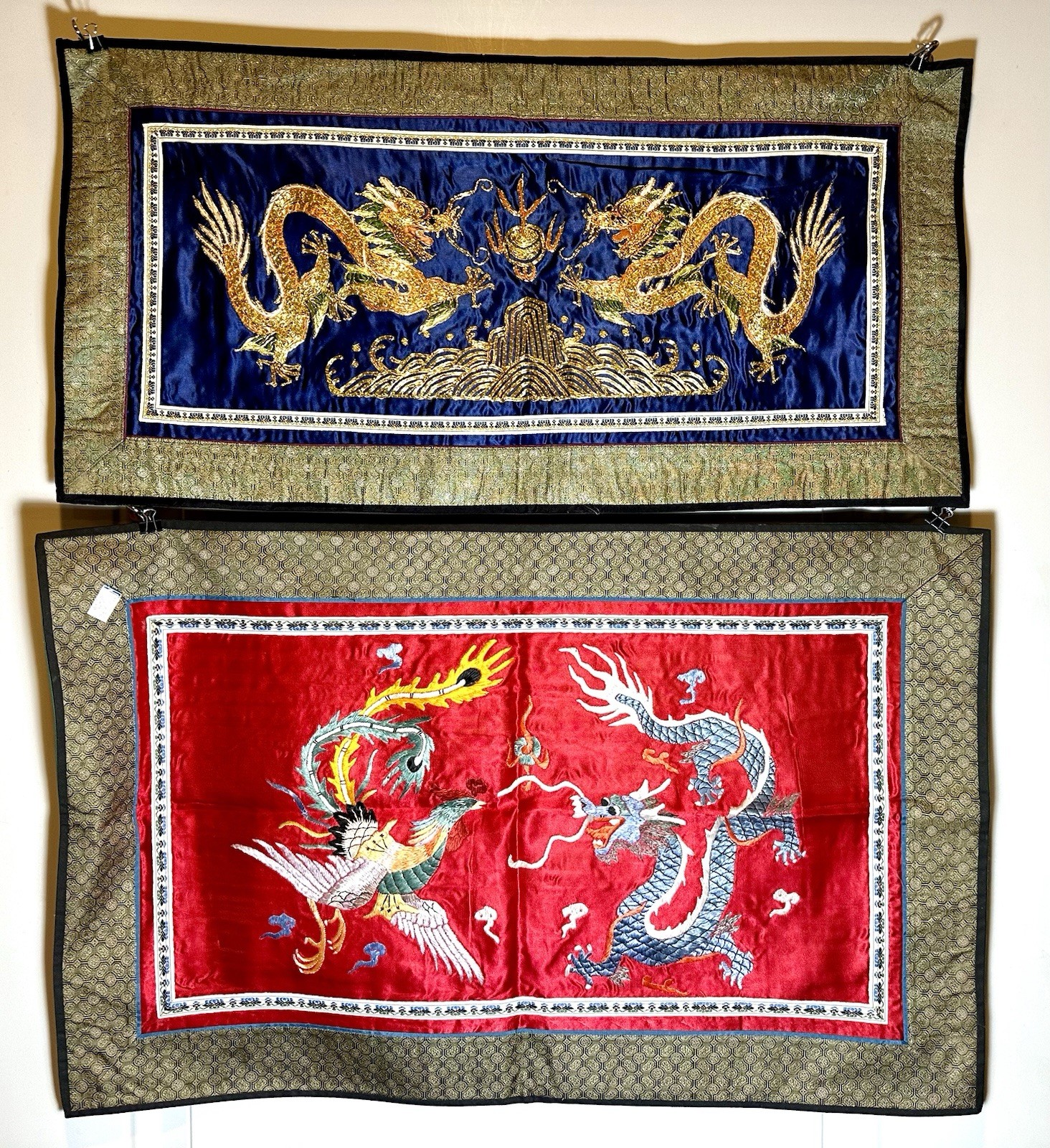 Pair Of Chinese Silk Embroidered Tapestry Wall Hanging Art Panel 13″ x 28″ Each