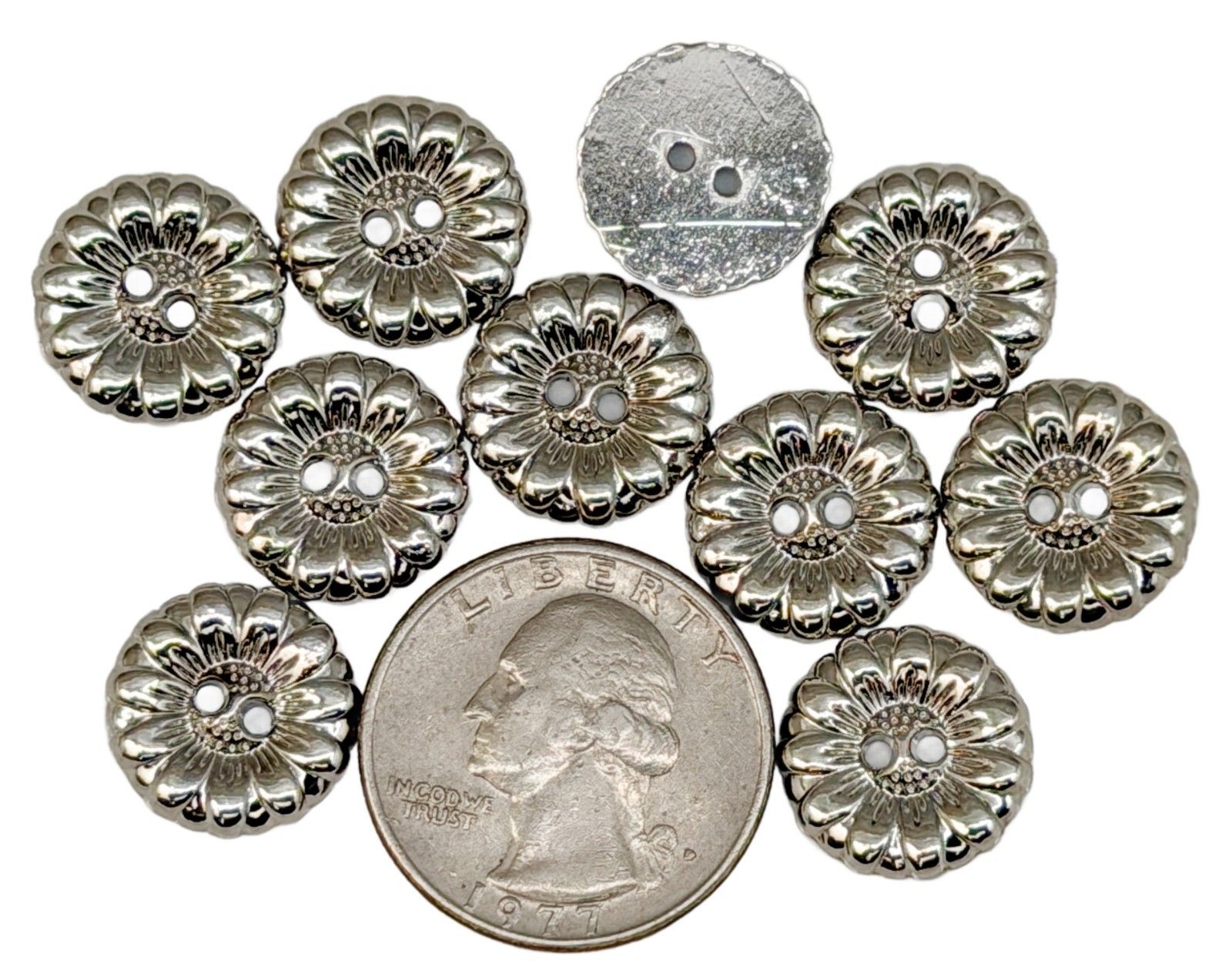 10PC Silver Flower Metal Buttons Flat Button 2 Hole 15mm 5/8″