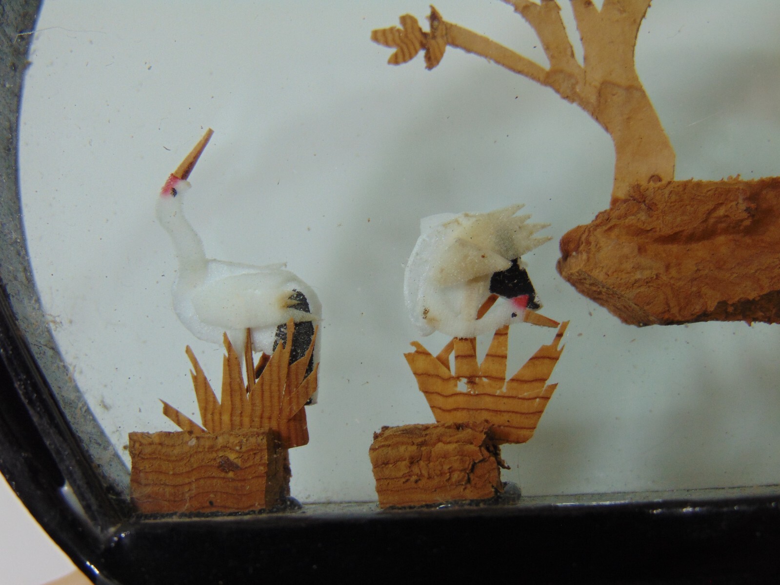 Hand Carved Vintage Cork Diorama Asian Crane Pagoda Trees Art Glass Chinese