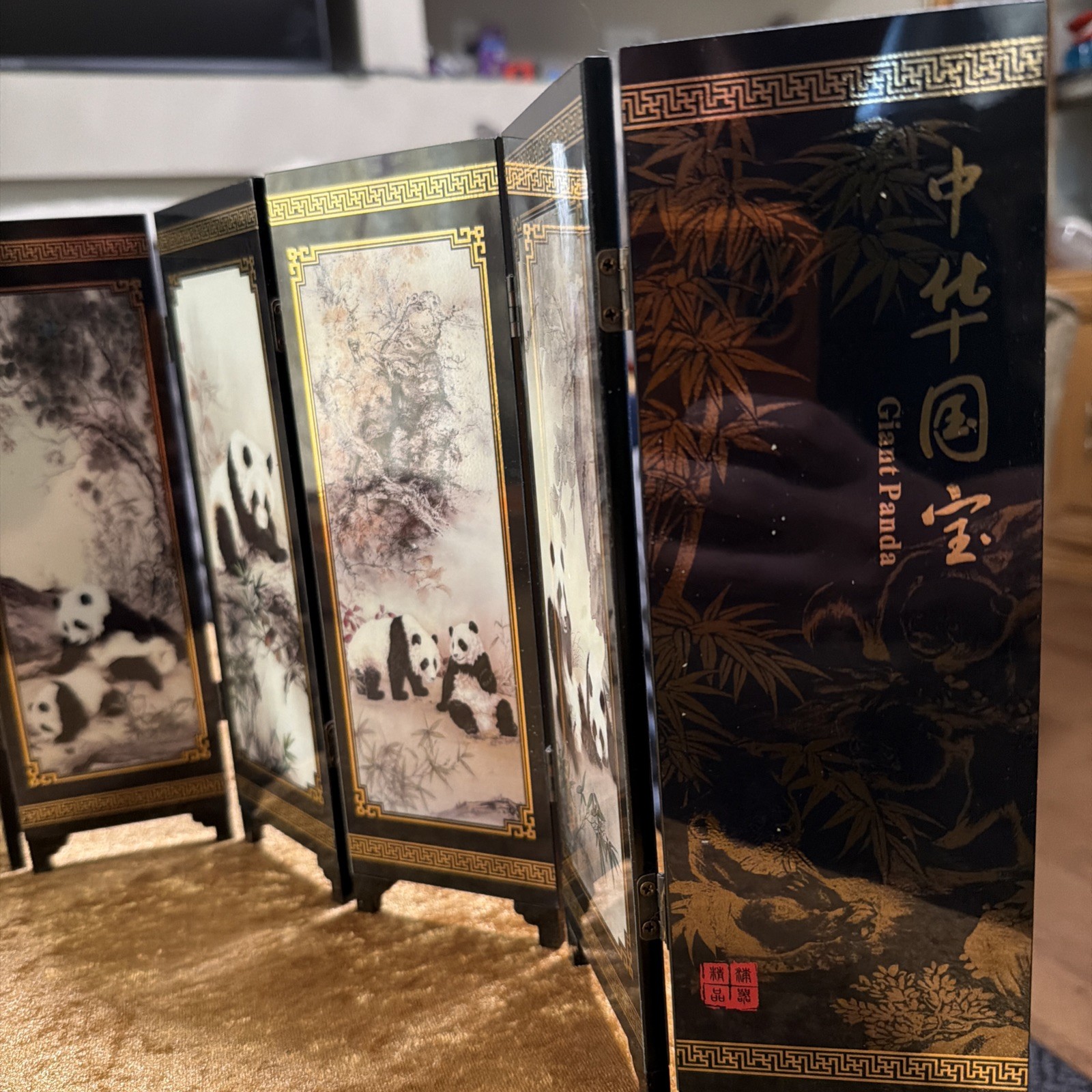 An Imitation Of An Ancient Small Screen 6 Folding Lacquered Panels Giant Pandas