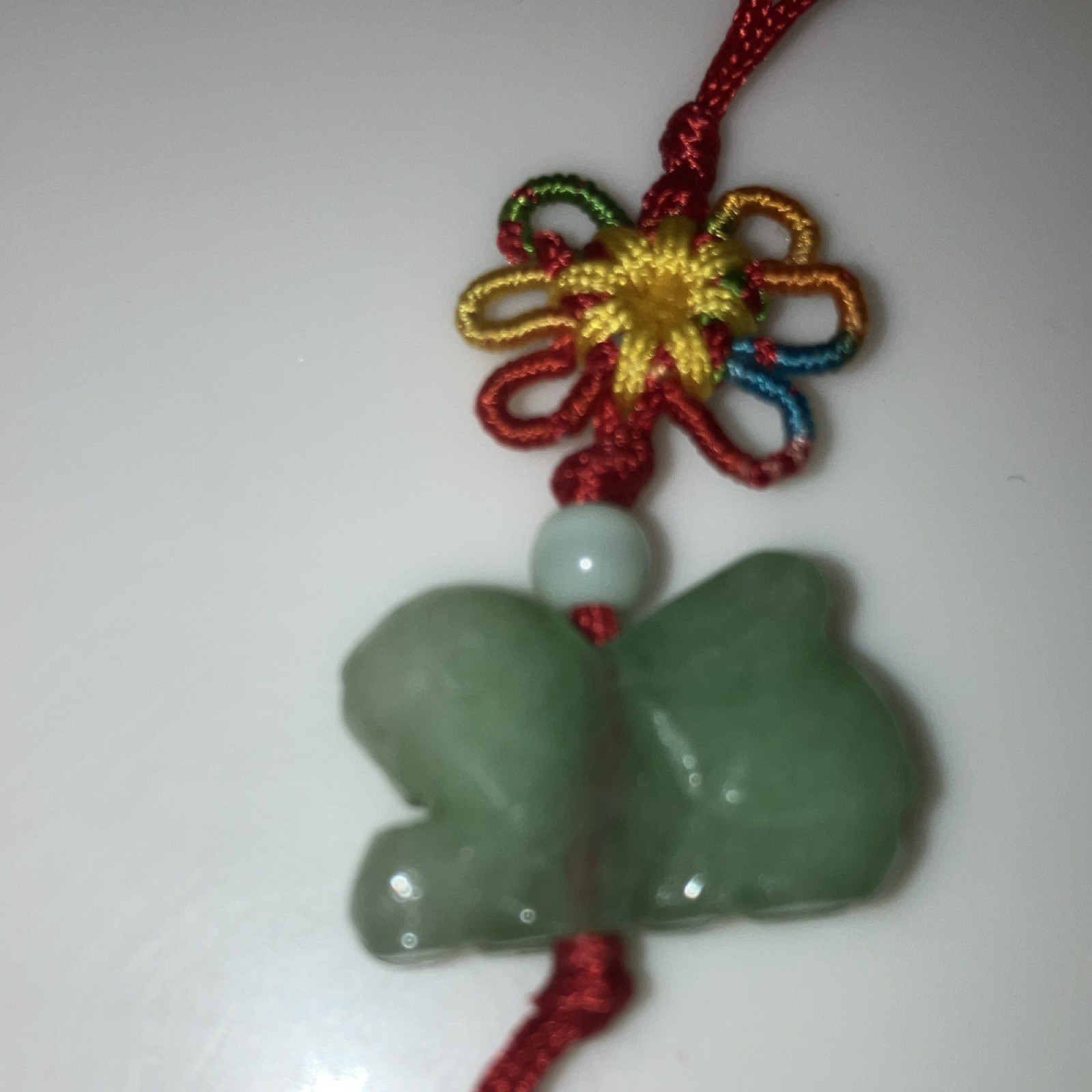 Vintage Chinese Jade Zodiac Rabbit Charm Red Cord Knot With Tag