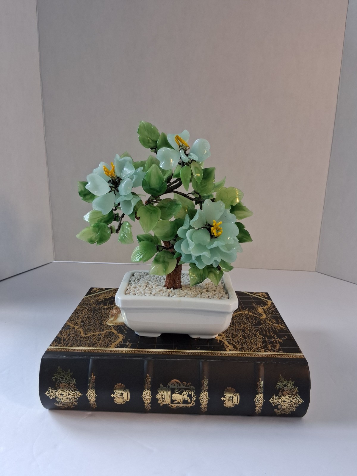 Vtg 1980’s Aqua Blue Peking Glass Blossomed & Jade-Stone Leaf Bonsai Tree; EUC!