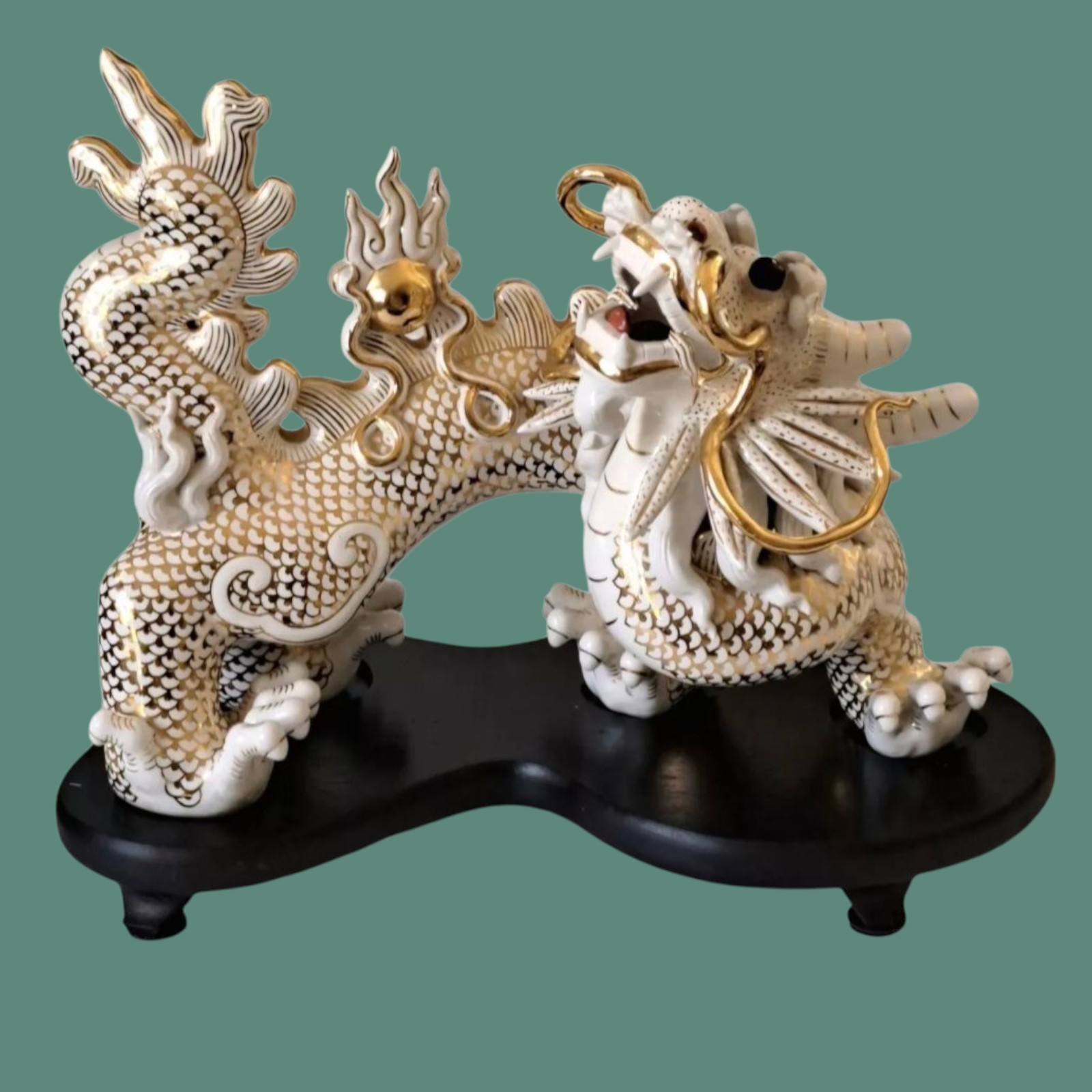 Vintage White/Gold Ceramic Dragon Feng Shui Sculpture 1950s Chinese Zodiac Décor