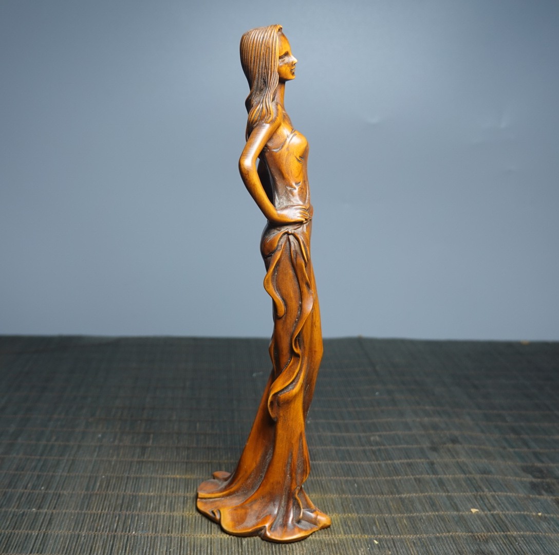 8.7″ Collect China Box-wood Carving Elegant Lady Beauty Modern Art Sculpture