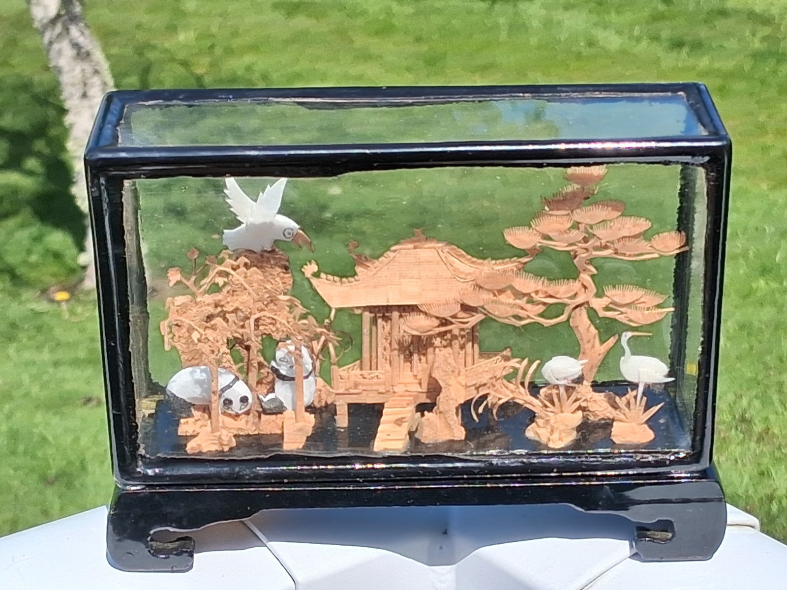 Chinese Cork Carving Diorama Glass Shadow Box Fujian Pavilion, Bears, Birds 4″ T