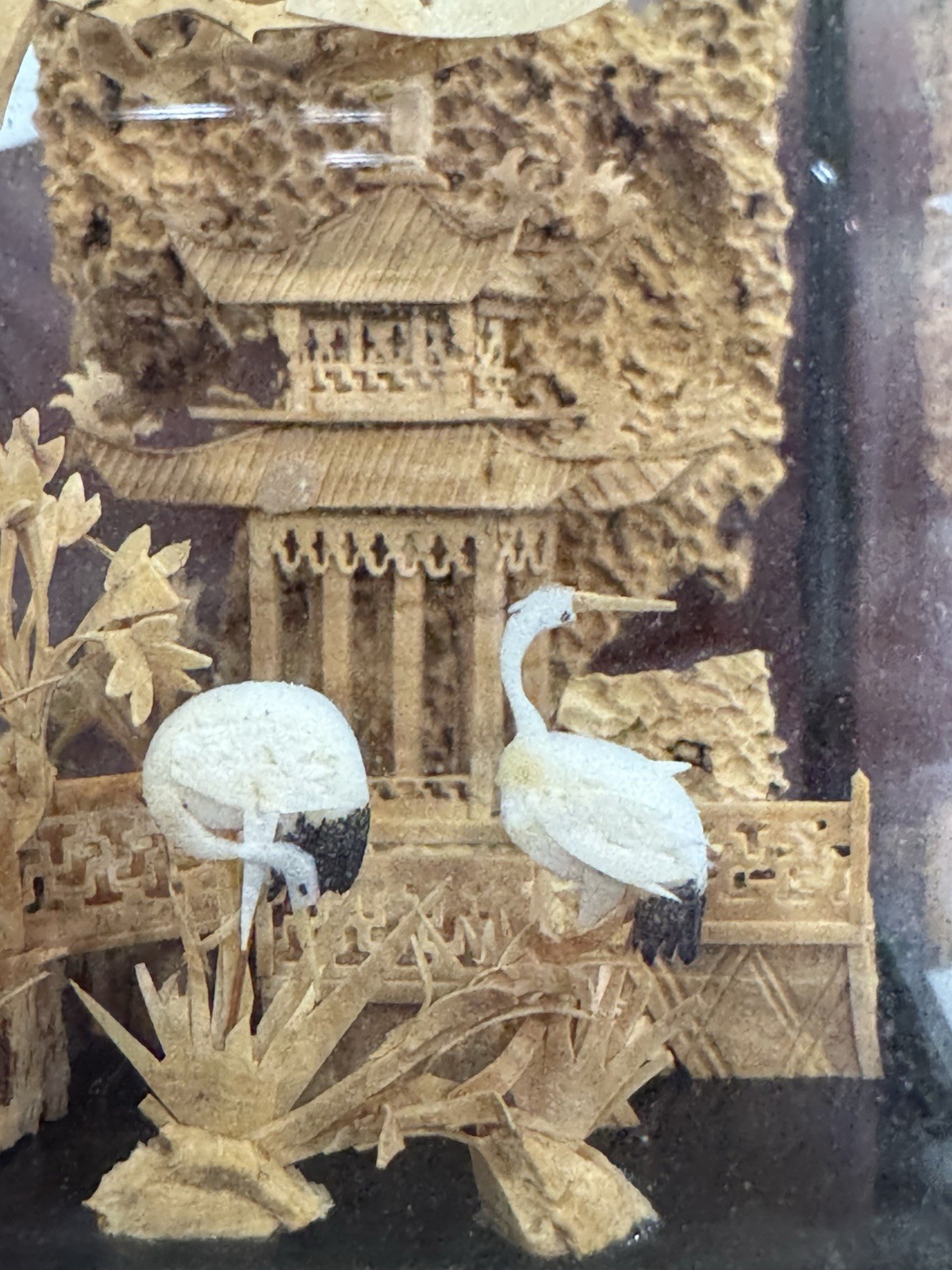 Vtg Miniature Chinese Carved Cork Diorama Art Glass Shadow Box Cranes Pagoda 3D