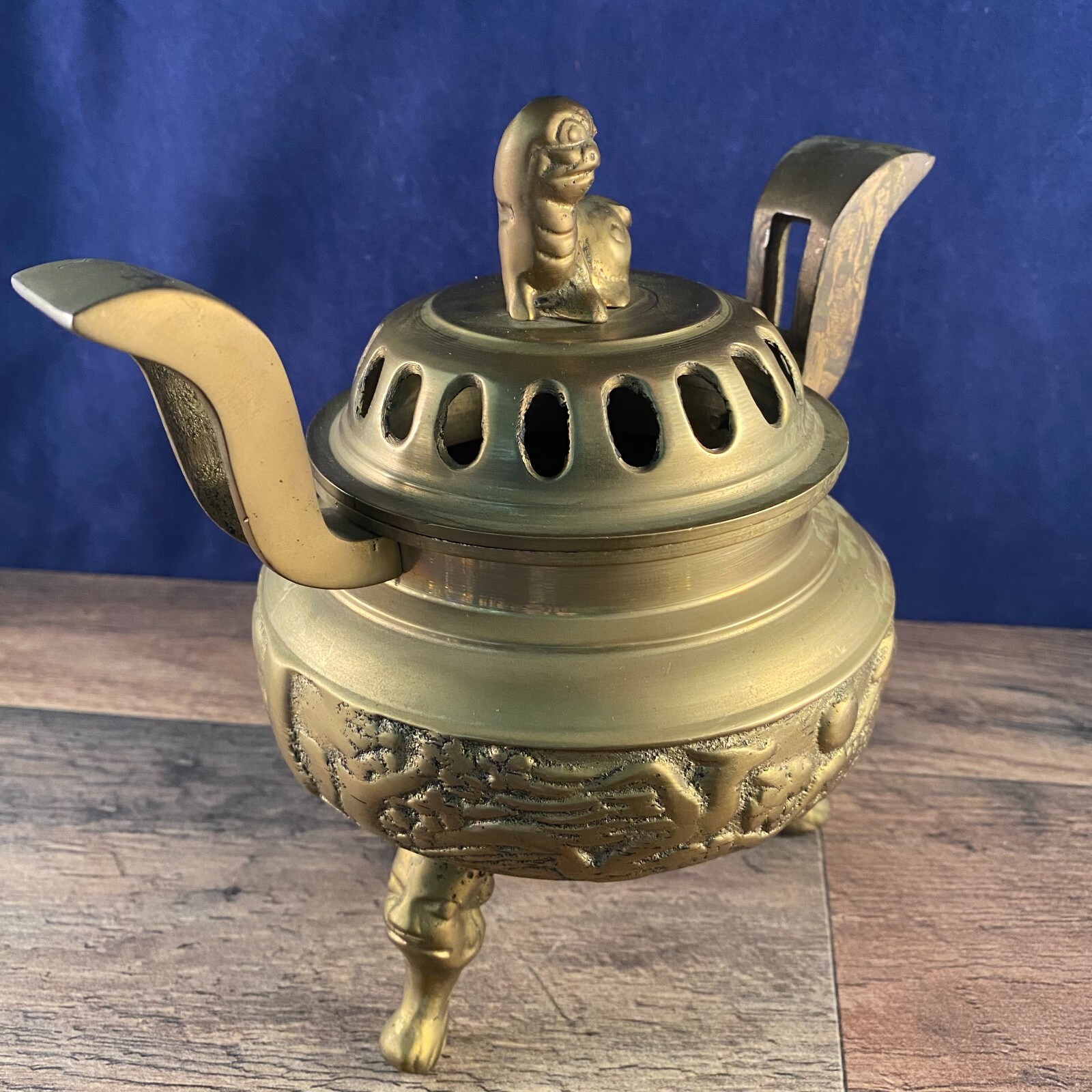 Vintage Asian Three Footed Solid Brass Incense Burner Foo Dog Lid Dragon Base
