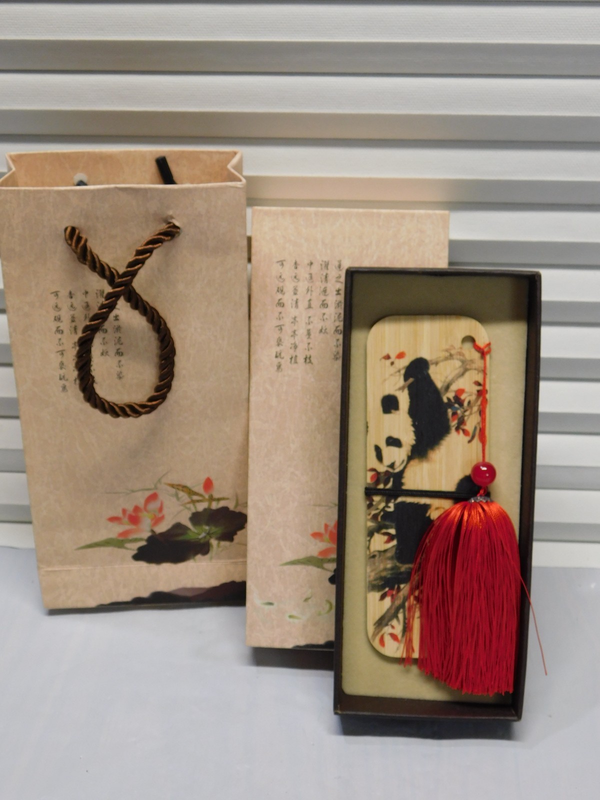 CHINESE COLLECTIBLE WOODEN PANDA BEAR AND SILK TASSEL BOOKMARK