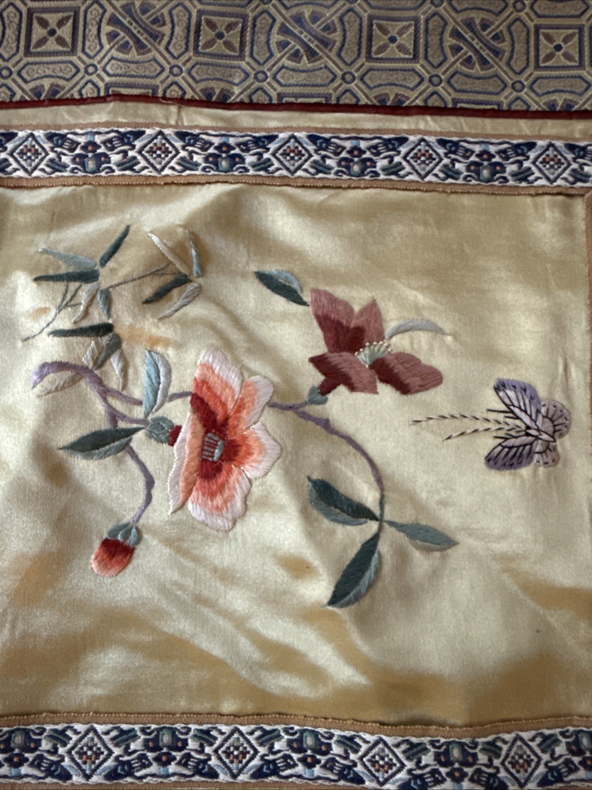 3 Lot Vintage Chinese Silk Embroidery Tapestry Butterfly Flowers Peony Panels