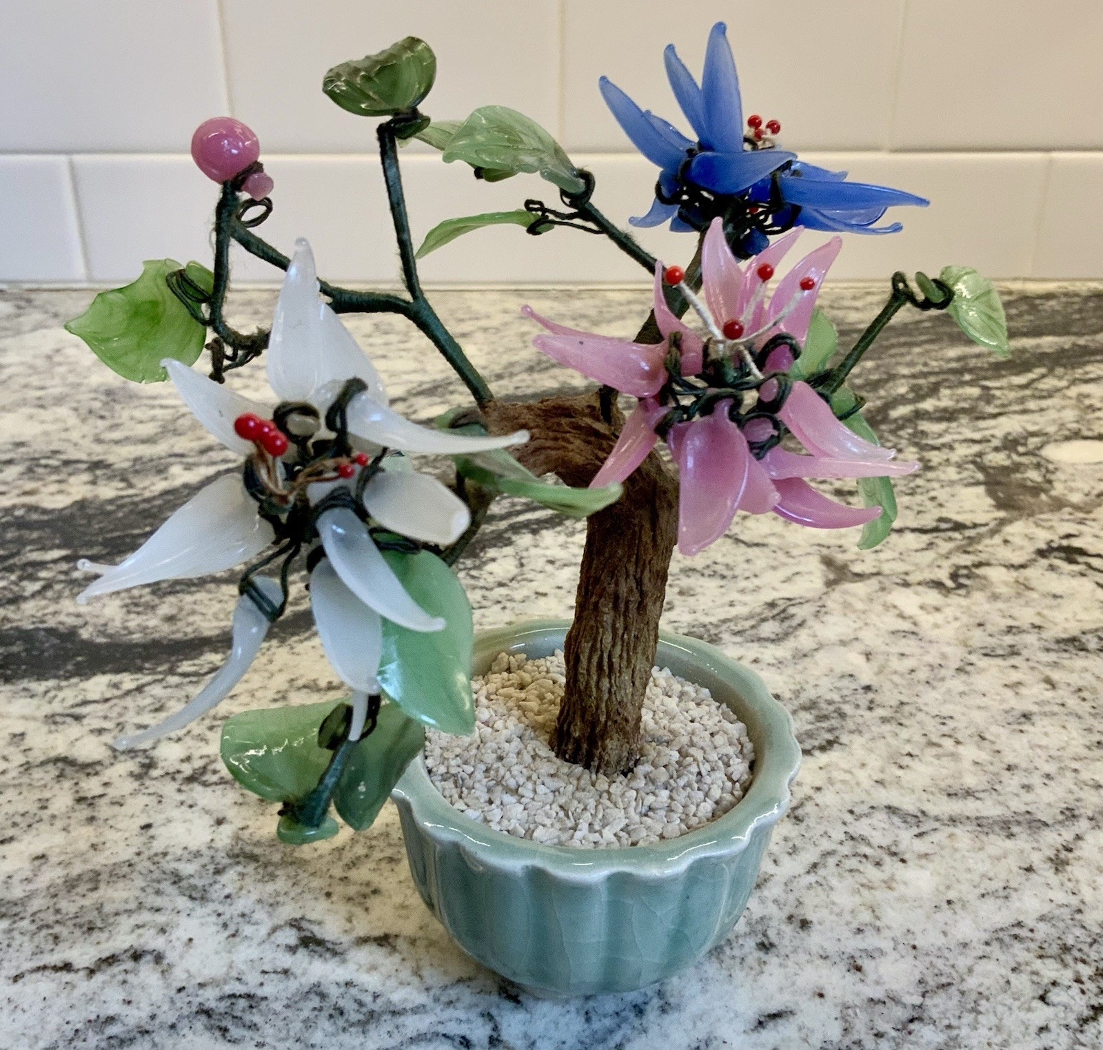 Victorian Era Chinese Jade Flowered Bonsai Tree in Celedon Planter