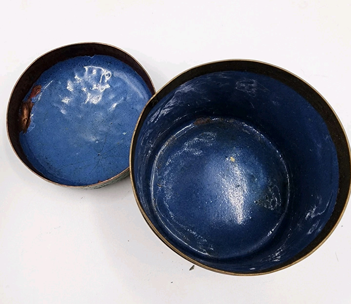 Vtg Green Chinese Lidded Cigarette Matches Ashtray Cloisonné Set Blue Enamel