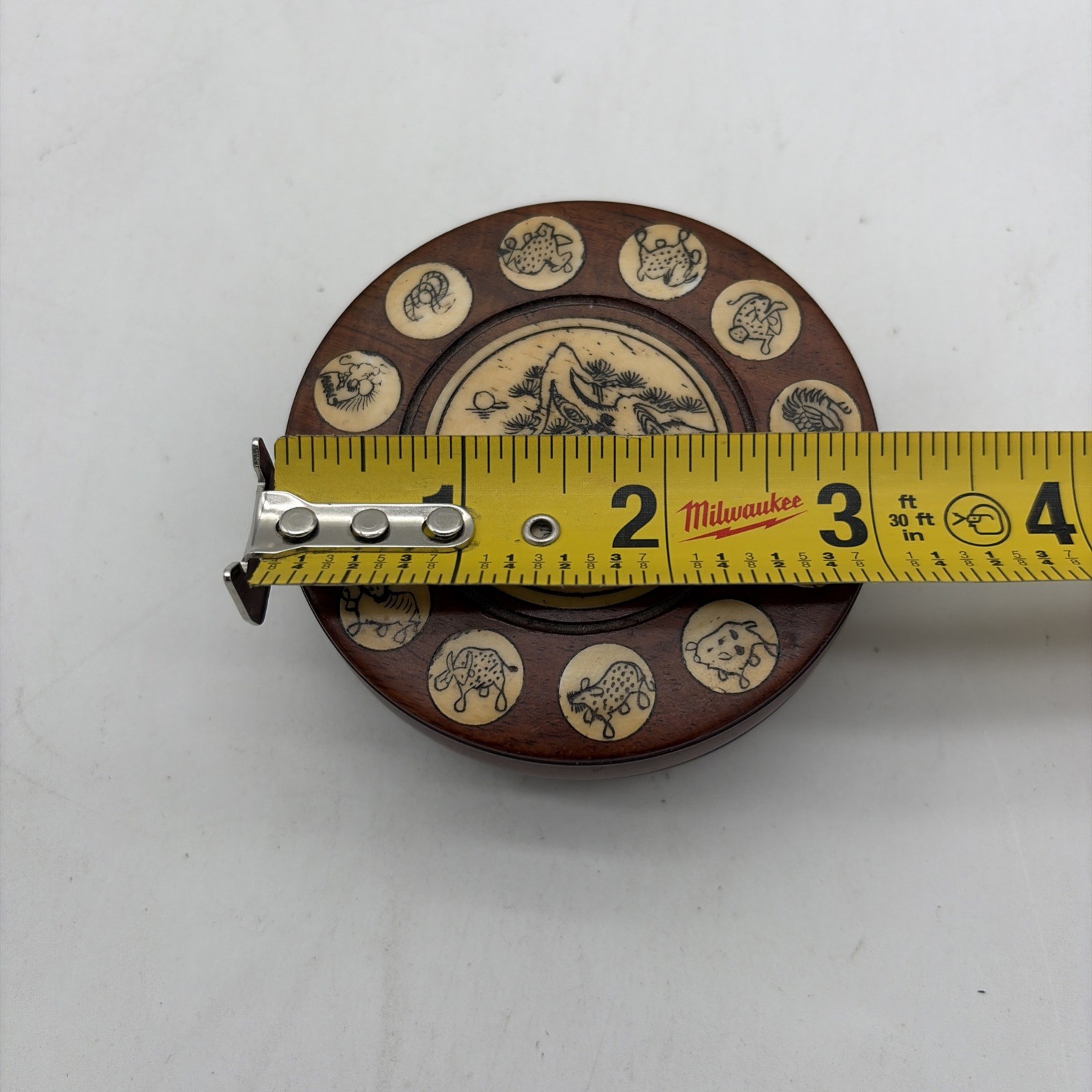 Dark Wooden Chinese Round Compass with Animal Zodiac Inlay Design