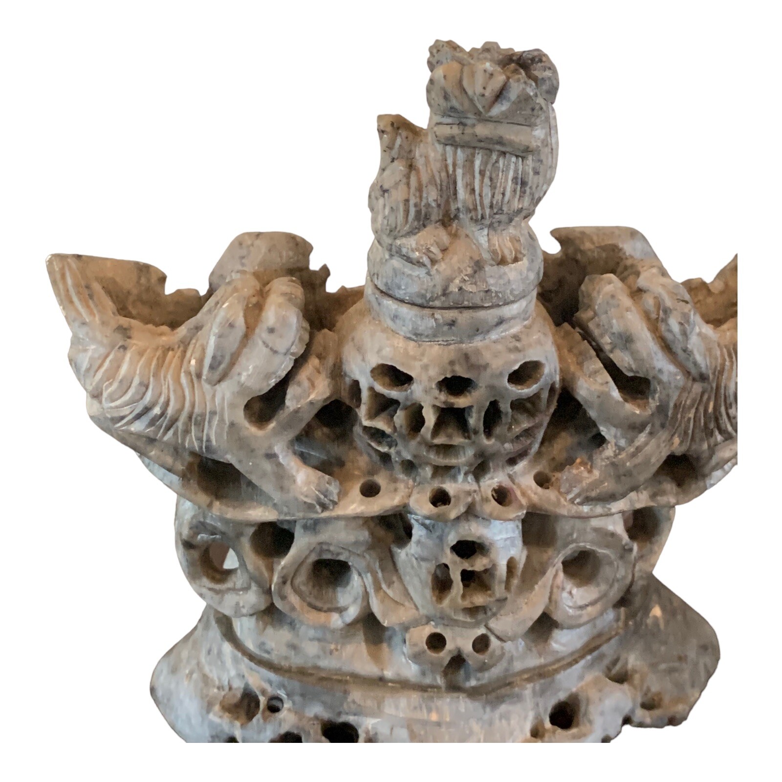 Chinese Hand Carved Soapstone Incense Burner Foo Dogs/Lions Vintage 4” X 4 1/2”