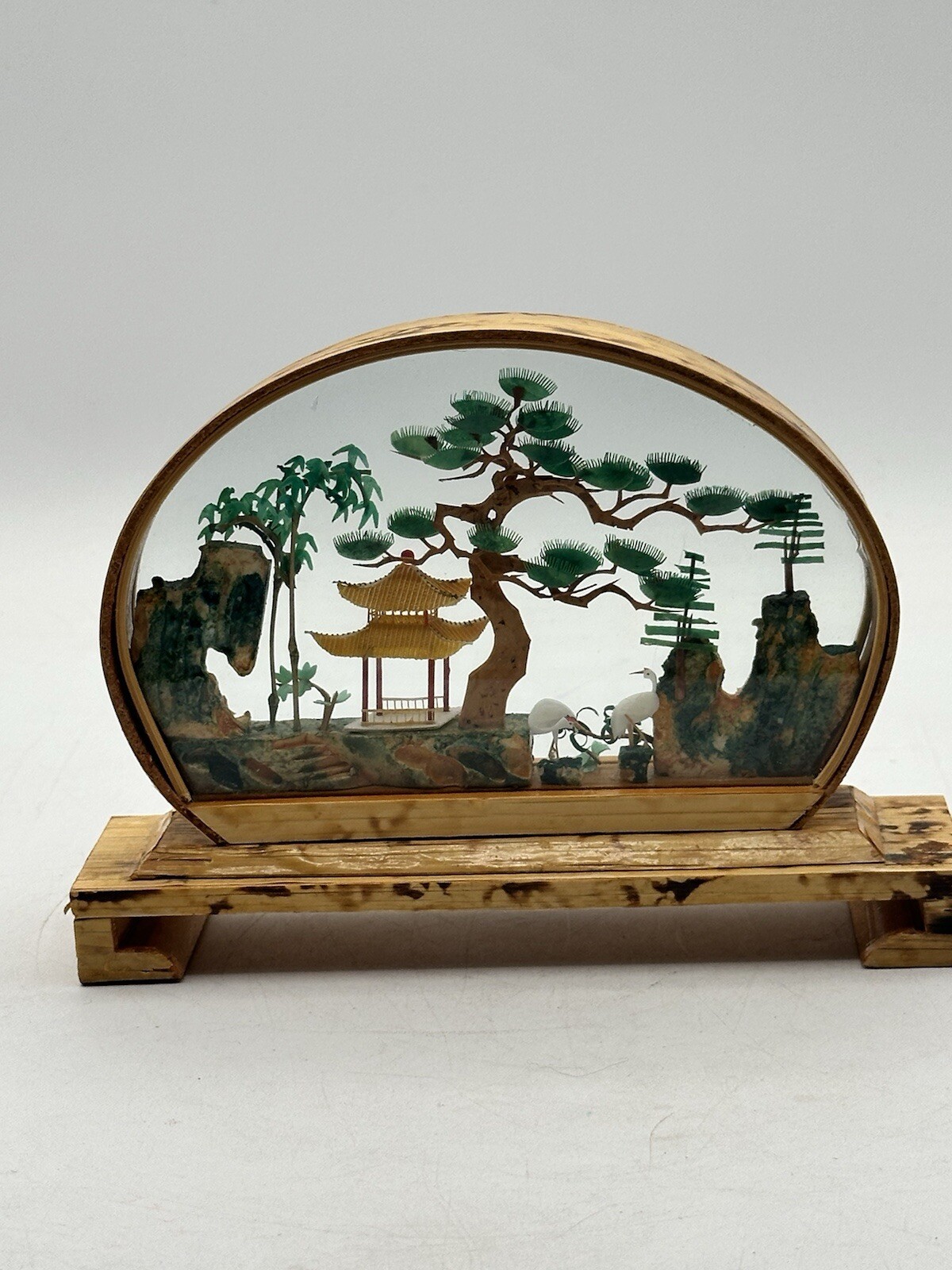 Vintage Oval Chinese Hand Carved Rock Cork And Paper Diorama Wood Tone Frame 3D