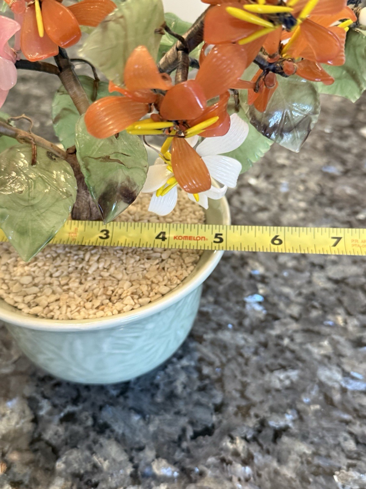 Vintage Bonsai Tree Jade Carnelian Stone Glass Asian Flowers Celadon Pot