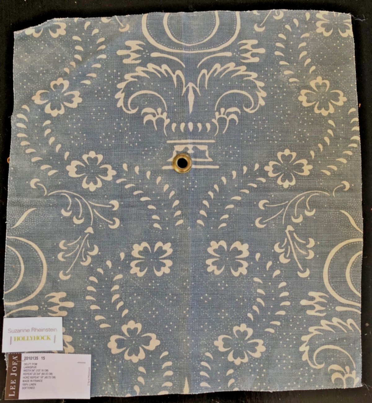 SUZANNE RHEINSTEIN Delft Pom in Larkspur 16 5/8 x 18″ Floral Linen Fabric Sample