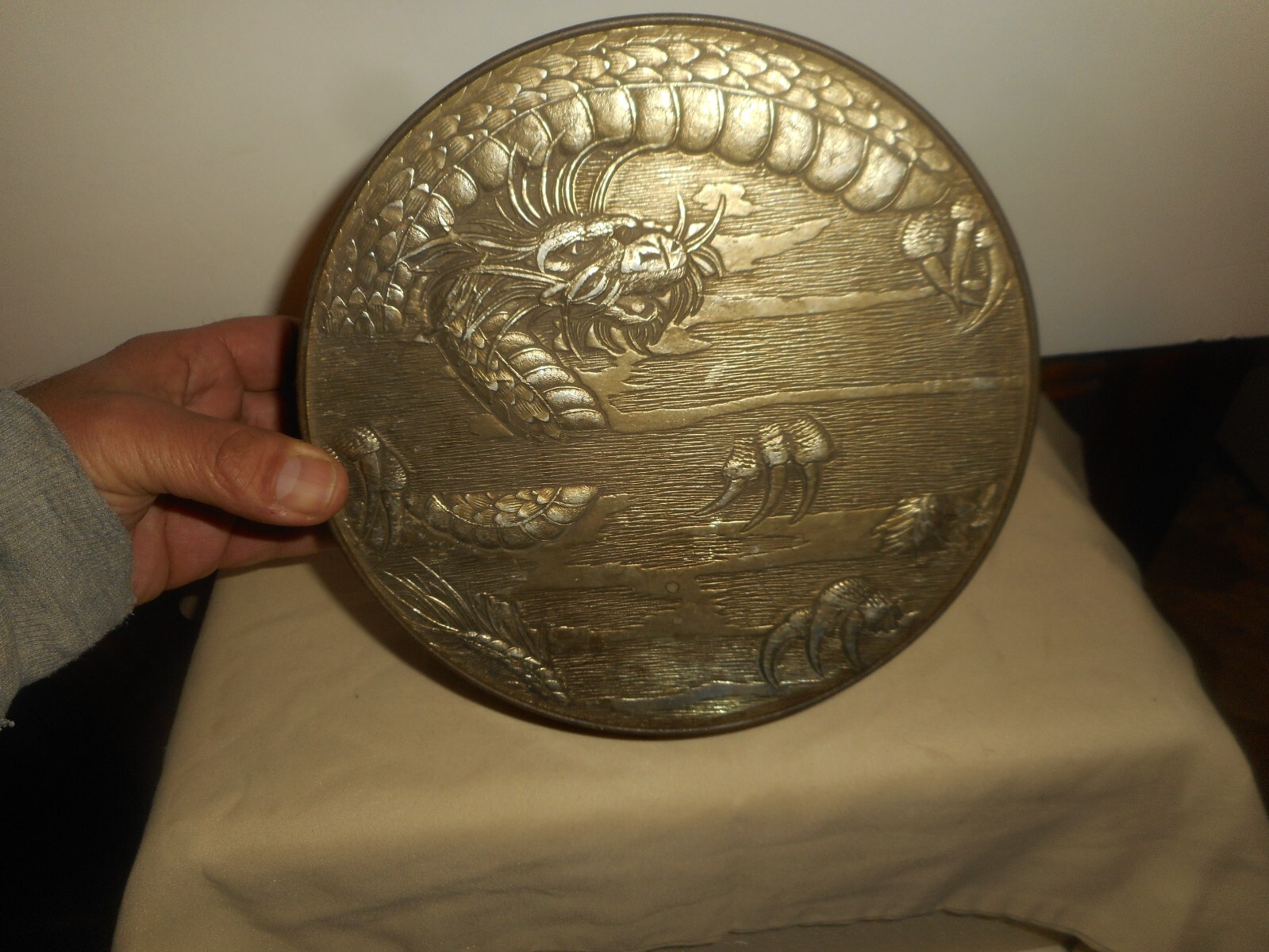 Vintage CHINESE DRAGON Silver Metal Repousse Tin Box Top Cinnabar Style Wrapper