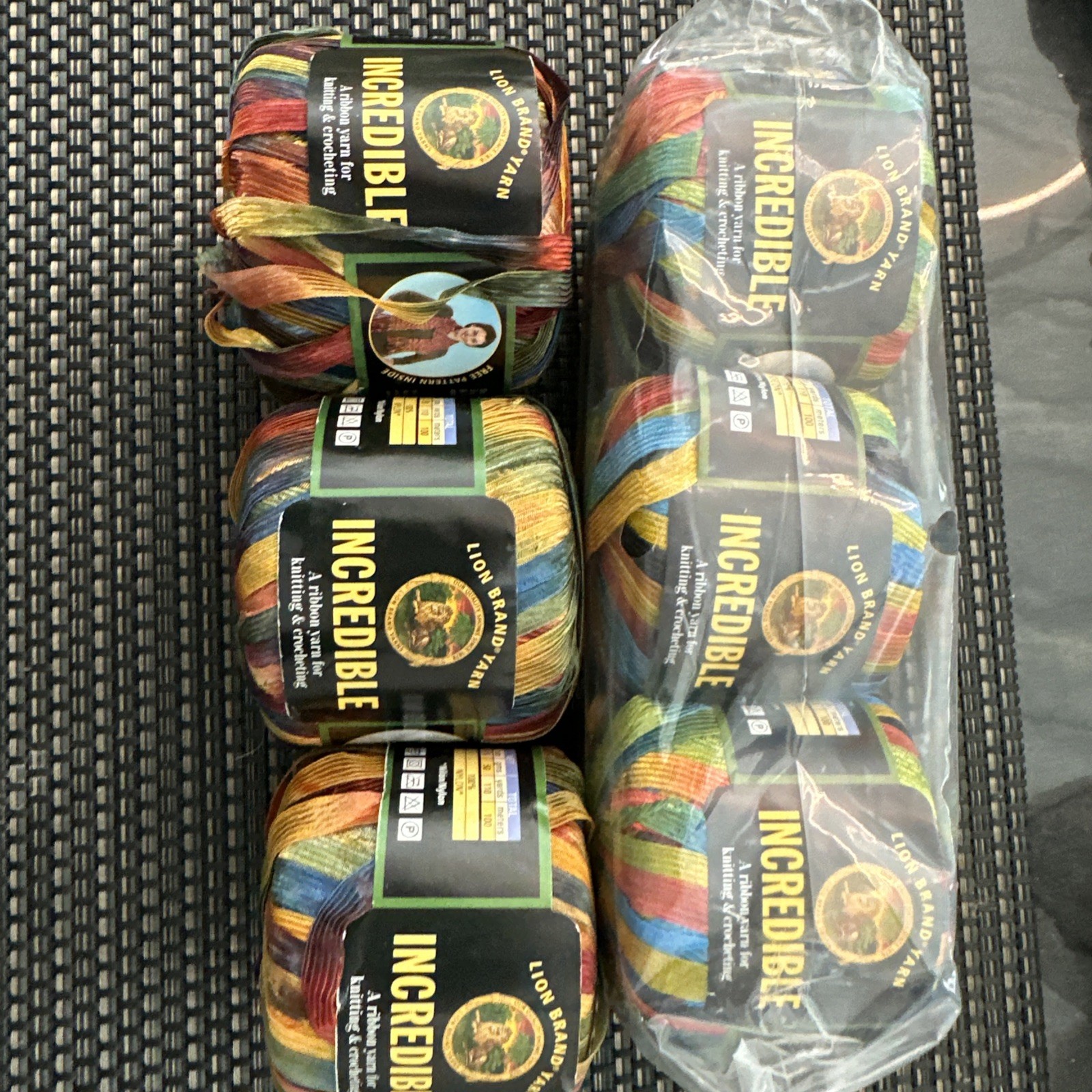 Lion INCREDIBLE Vtg. Ribbon Yarn Lot Of 6 RAINBOW 3-#208 3-203 50g Ea 110yds Ea