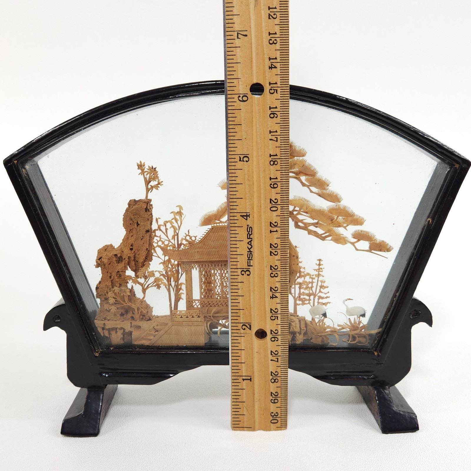 Vintage Chinese Diorama Cork Carving Glass Case Pagoda Trees Cranes