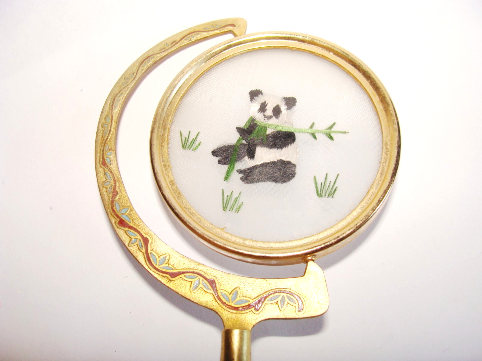 Vtg Chinese Embroidery Suzhou Silk 2-Sided Panda Enamel Cloisonne Spinning Stand