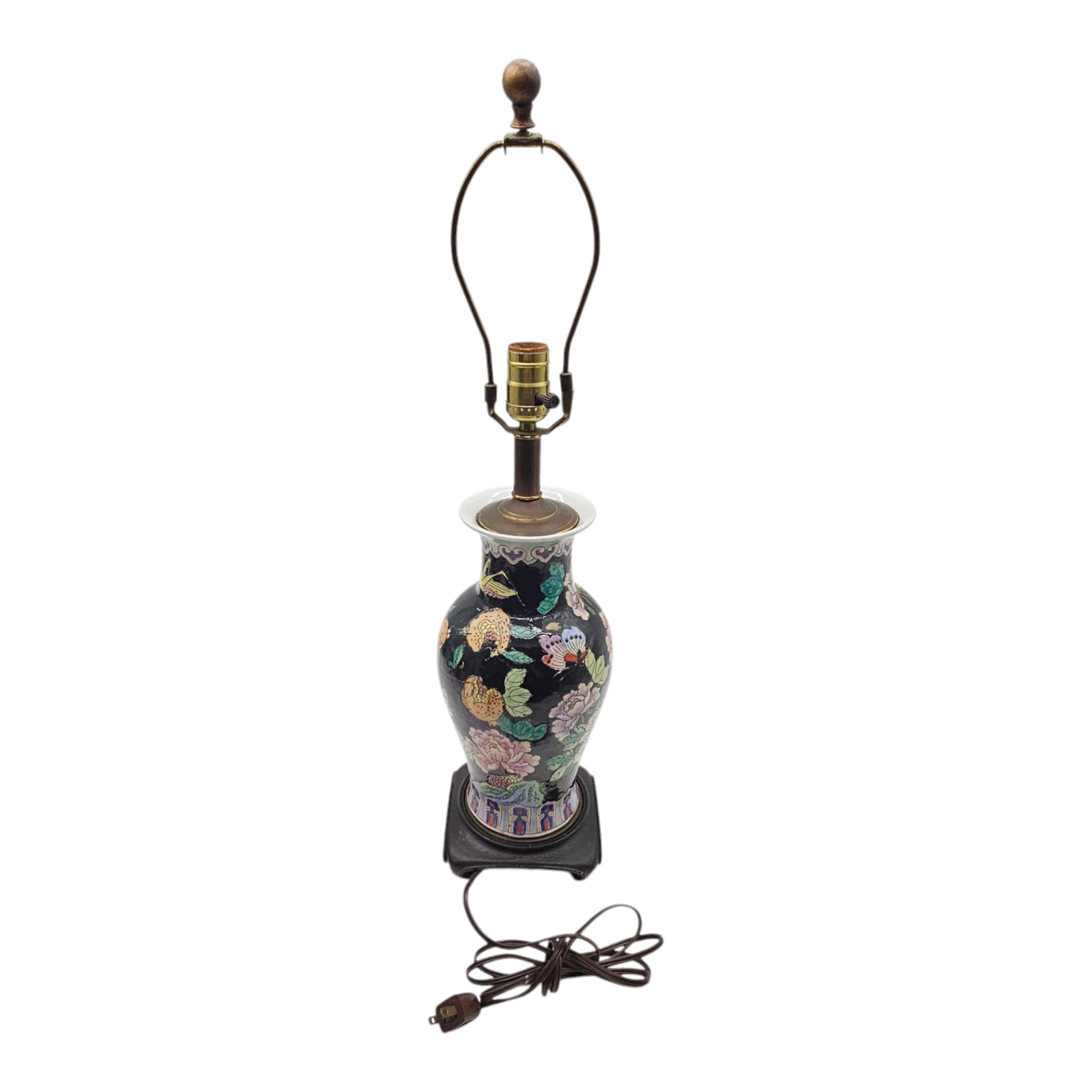 VTG Chinese Famille Noir Porcelain Lamp Hand Painted Birds Flower Black Base 20″