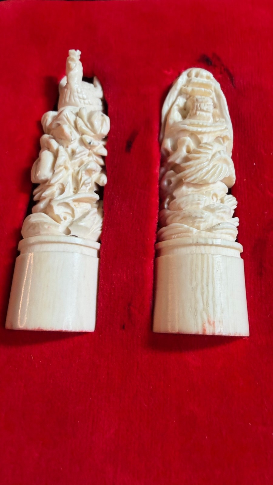 Vintage Pair of Chinese Chop Stamps Hand Carved Dragon & Rooster in Box