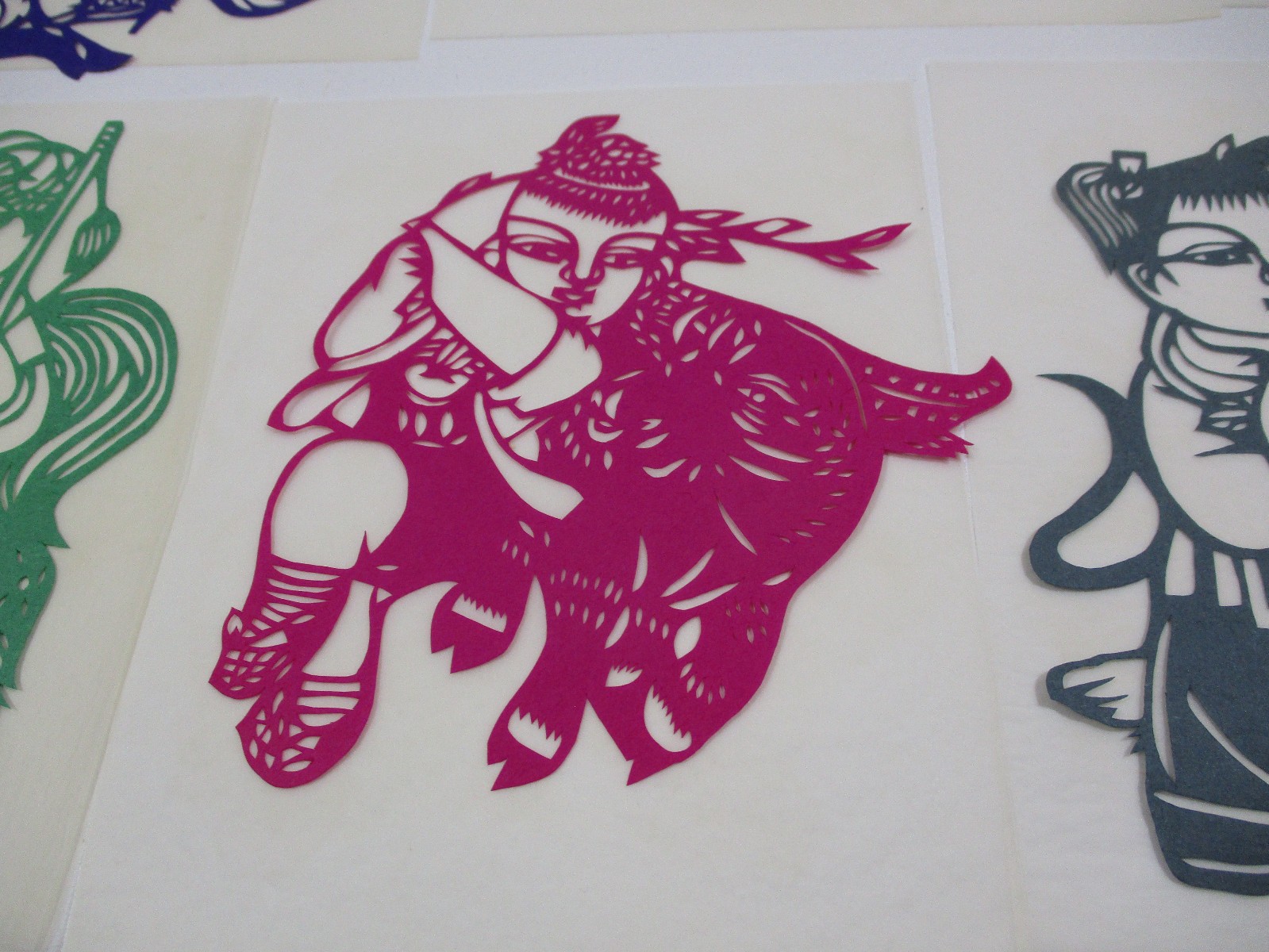 Lot Set 8 Vintage Chinese Folk Art Paper Cuts Woman with Animals Multicolor