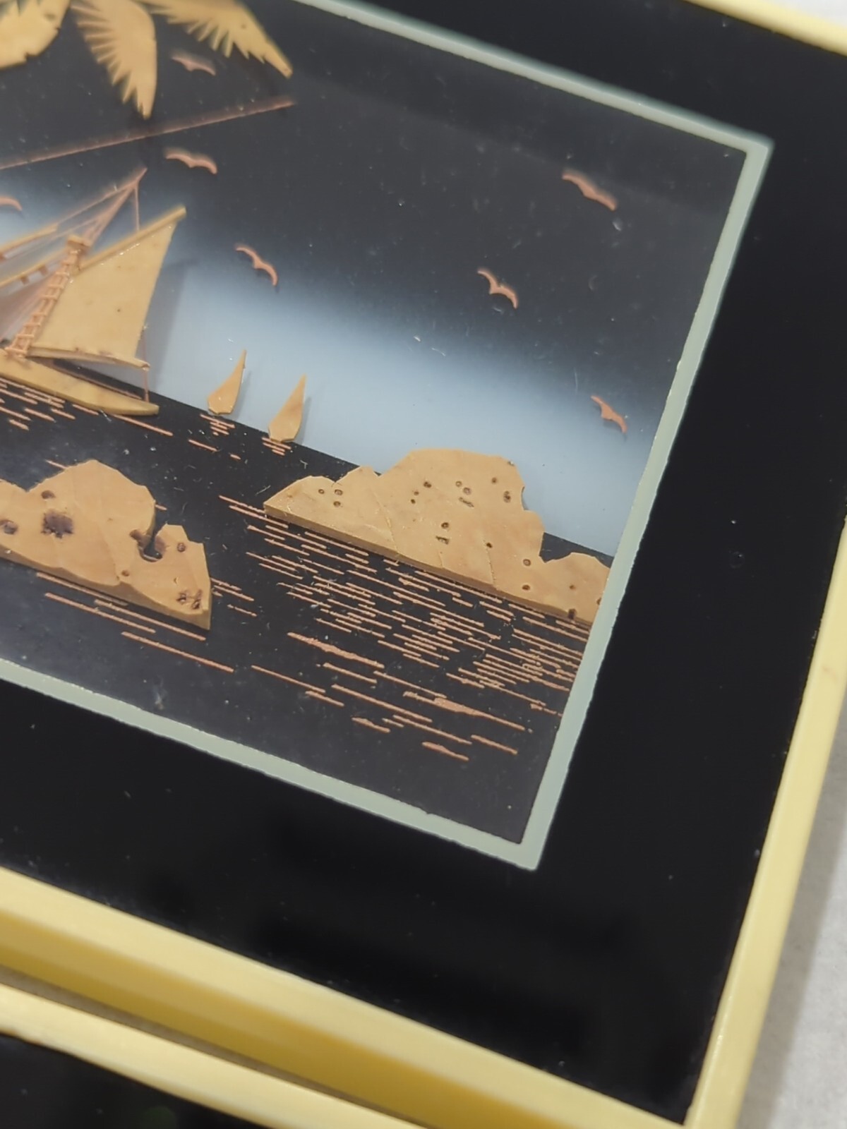 Set of 2 Stunning Vintage Carved Cork Seascape Ship 3D Shadow Box Diorama Framed