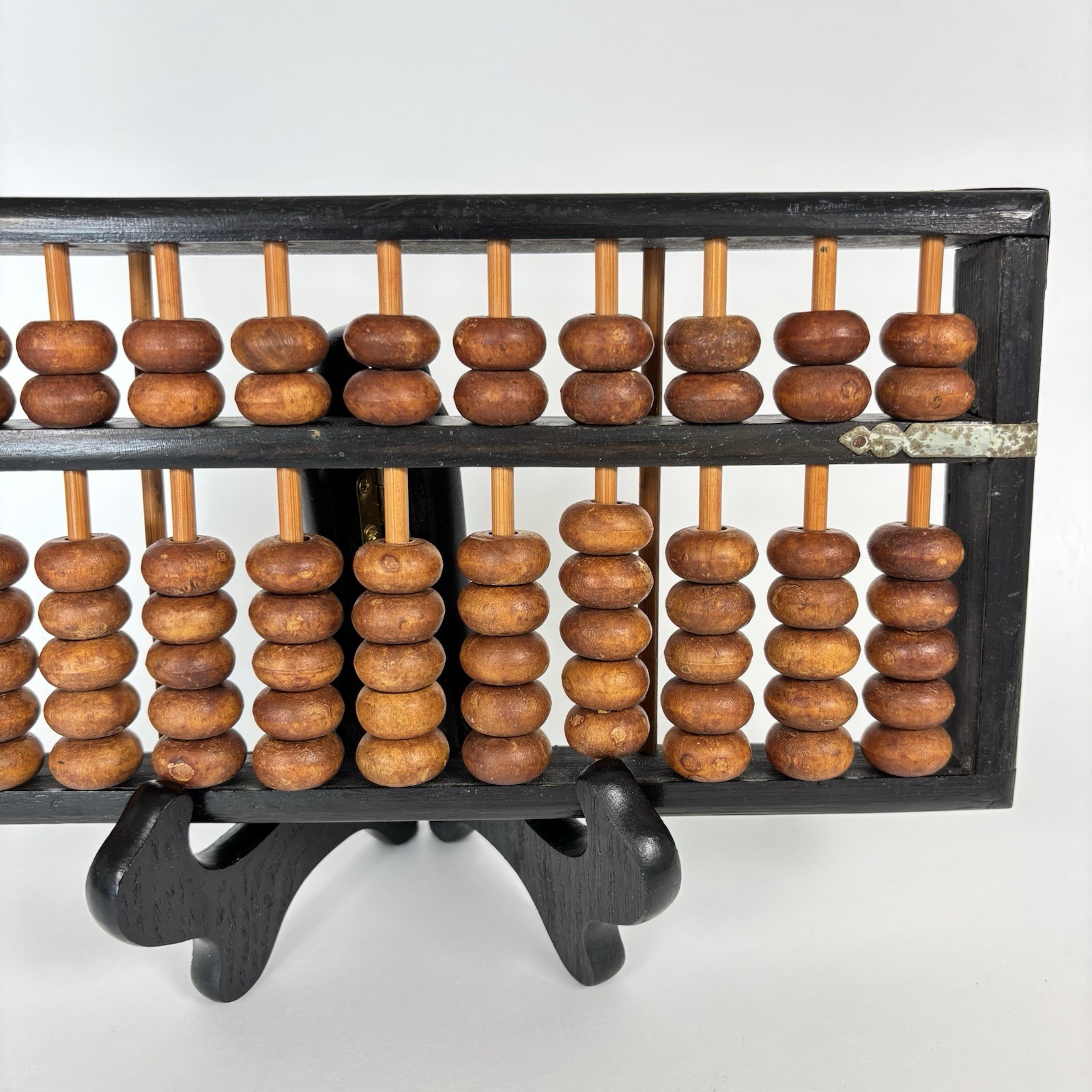 Vintage Wood Abacus 11 Rods 77 Wooden Beads Brass Corners Asian Calculator