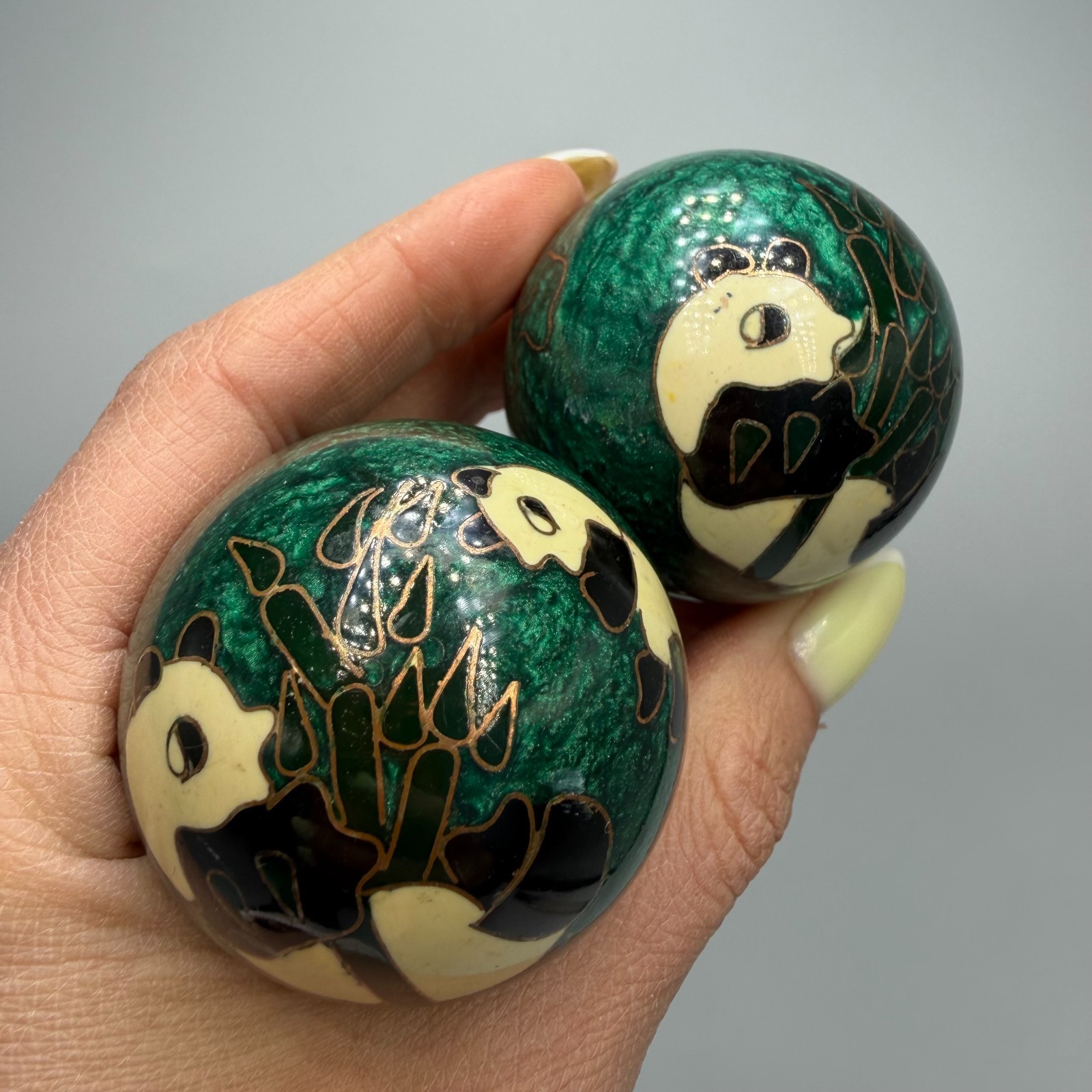 Vintage Chinese Baoding Balls Panda Bamboo Enamel Steel Set Box Asian Decor