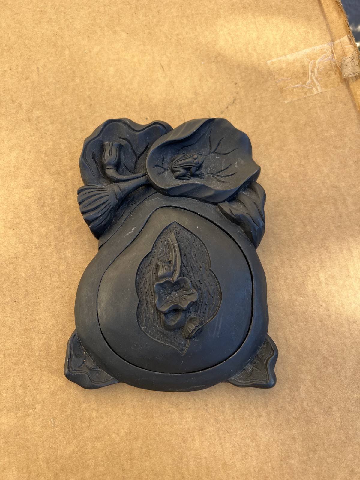 Big Chinese Hand Carved Flower Ink Stone Box w/ Cover 8″ Poem 1980