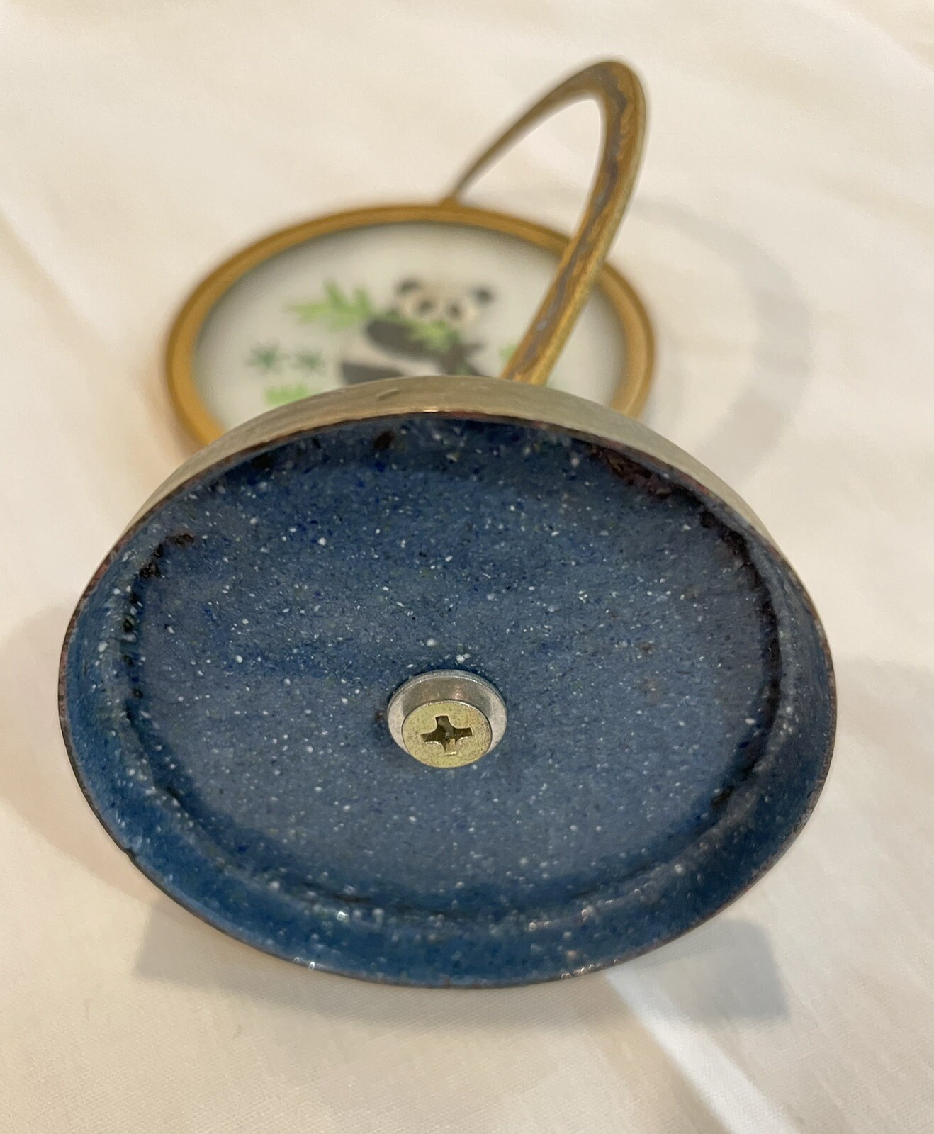 Vintage Suzhou Chinese Silk Embroidered Panda Cloisonné Enamel Metal Stand