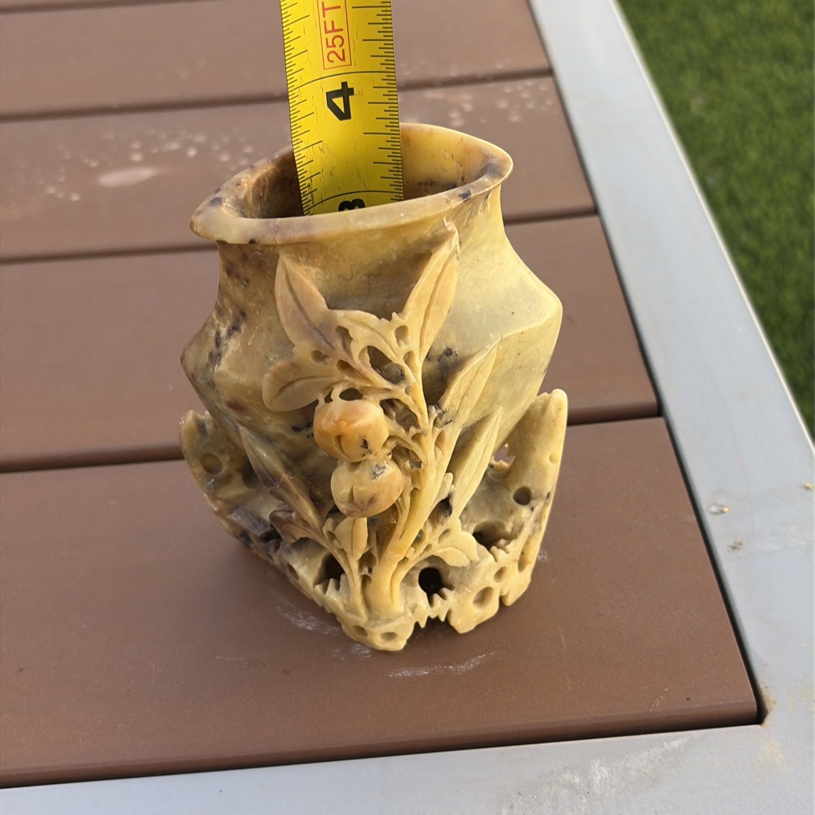 Vintage Chinese Soap Stone Carved Flowers in Sculptured Vase 4 1/2 Inches