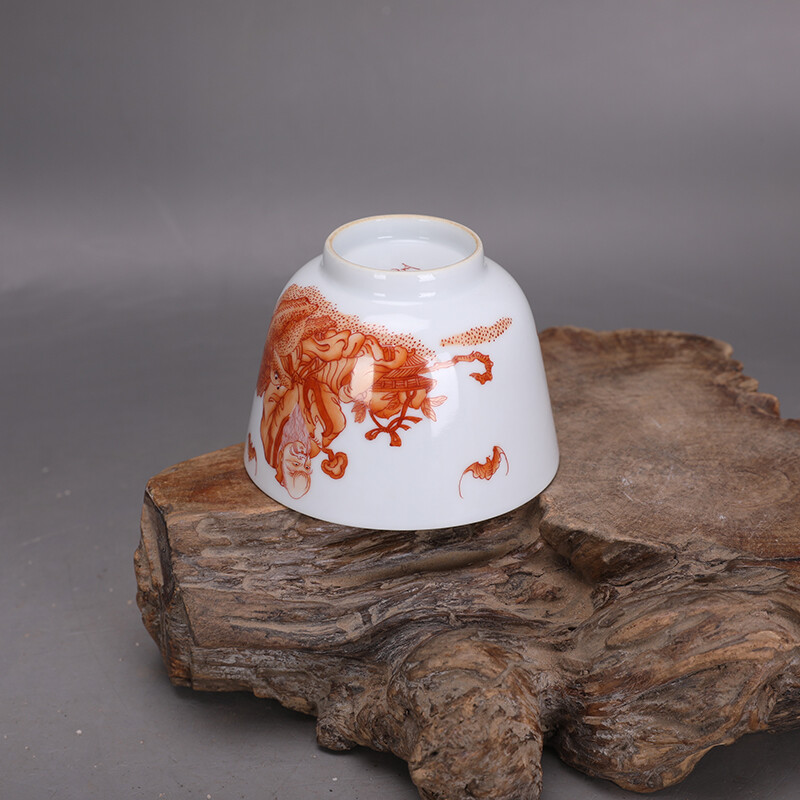 3.6″ Collect China Qing Porcelain Alum Red Longevity God Deer/Bat Cup ‘玩玉’