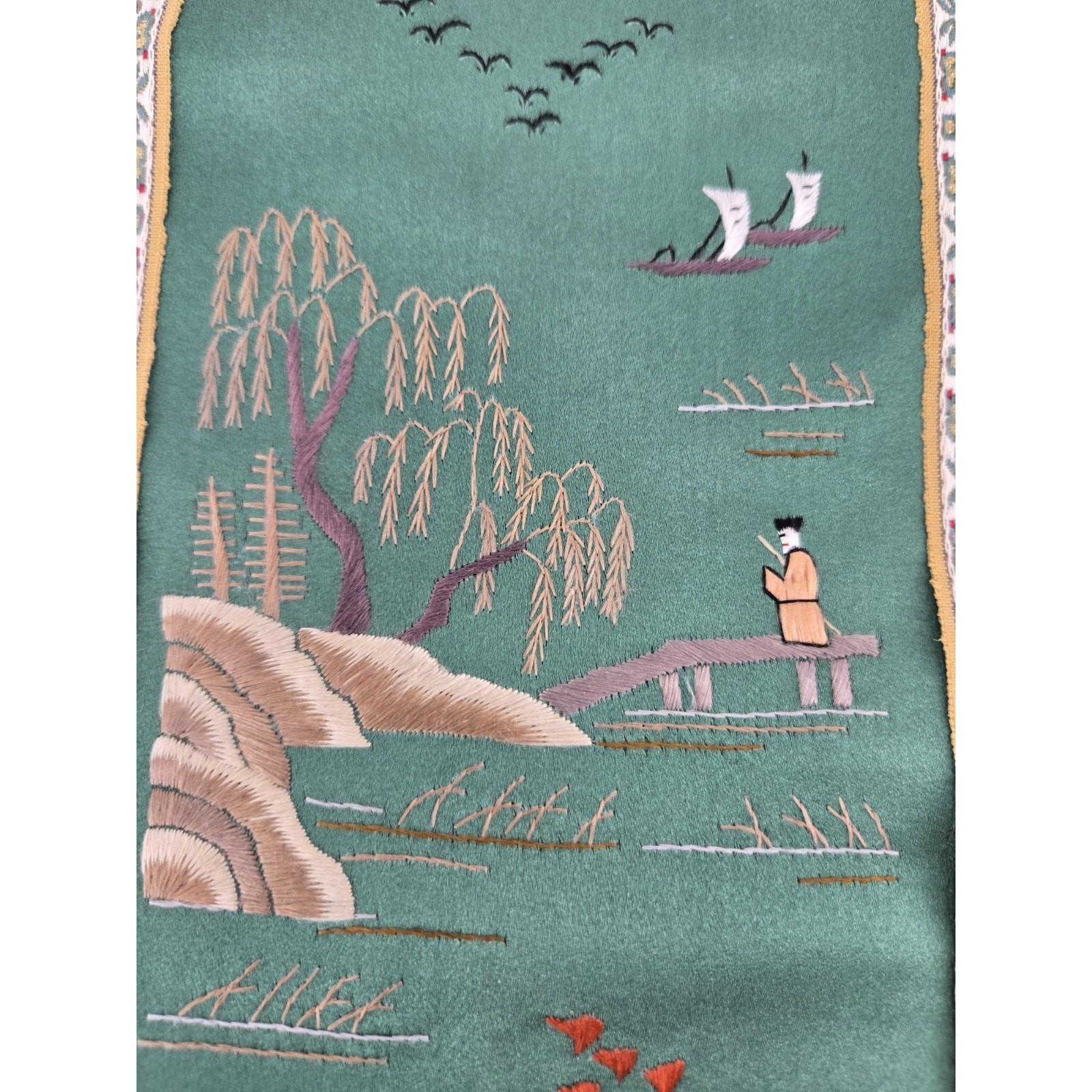Vintage Chinese Hand Embroidered Silk Pagoda Tapestry Decorative Fabric Panel