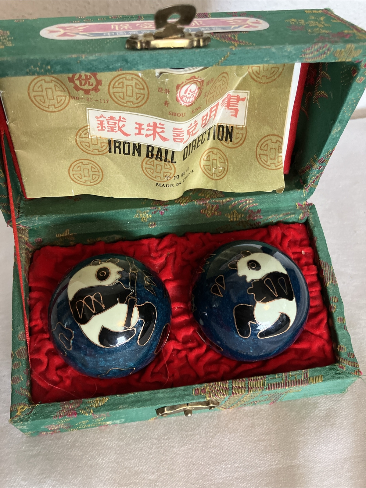 Chiming Baoding Balls, Shouxing Cloisonné Enamel PANDAS BLUE Hand Exercise Zen