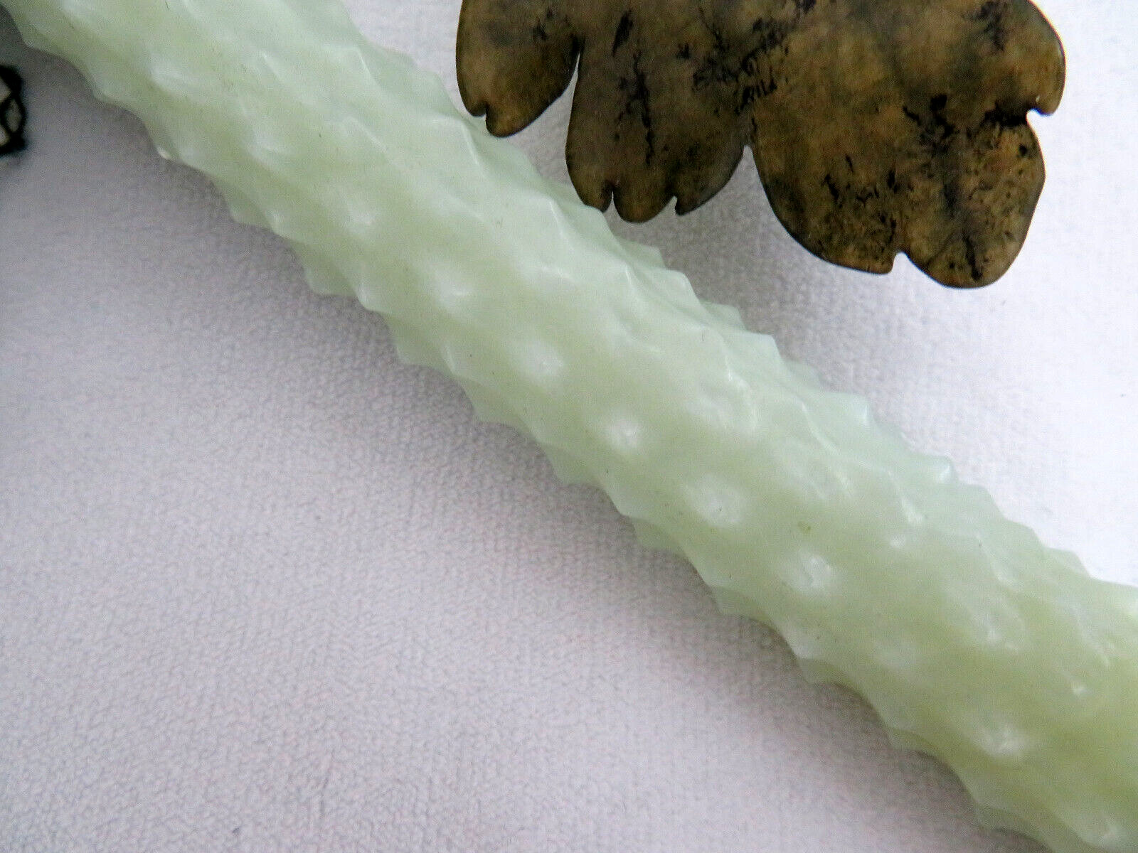 RARE Chinese Green Jade Gemstone Prickly Cucumber & Leaves Sculpture 11″ Long