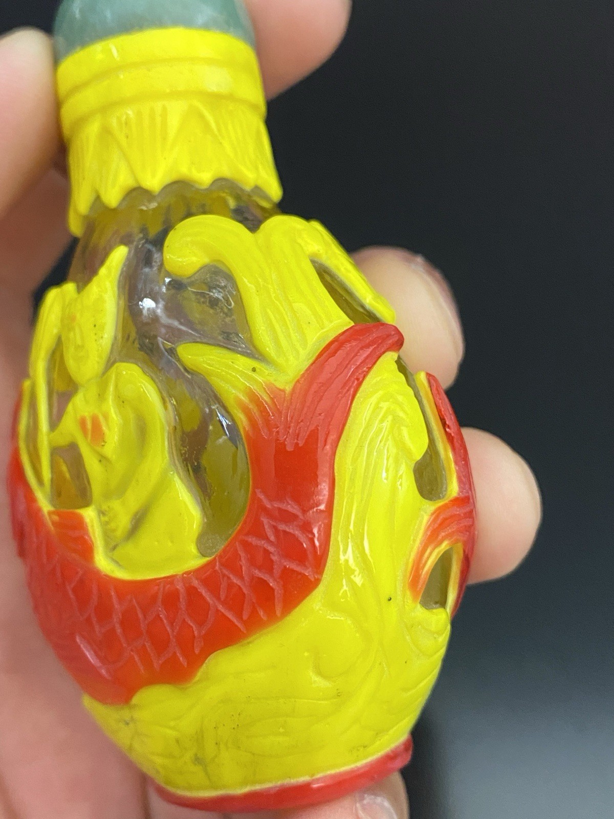Antique Chinese Peking Glass Yellow Overlay Snuff Bottle Jade Top Koi Fish Motif