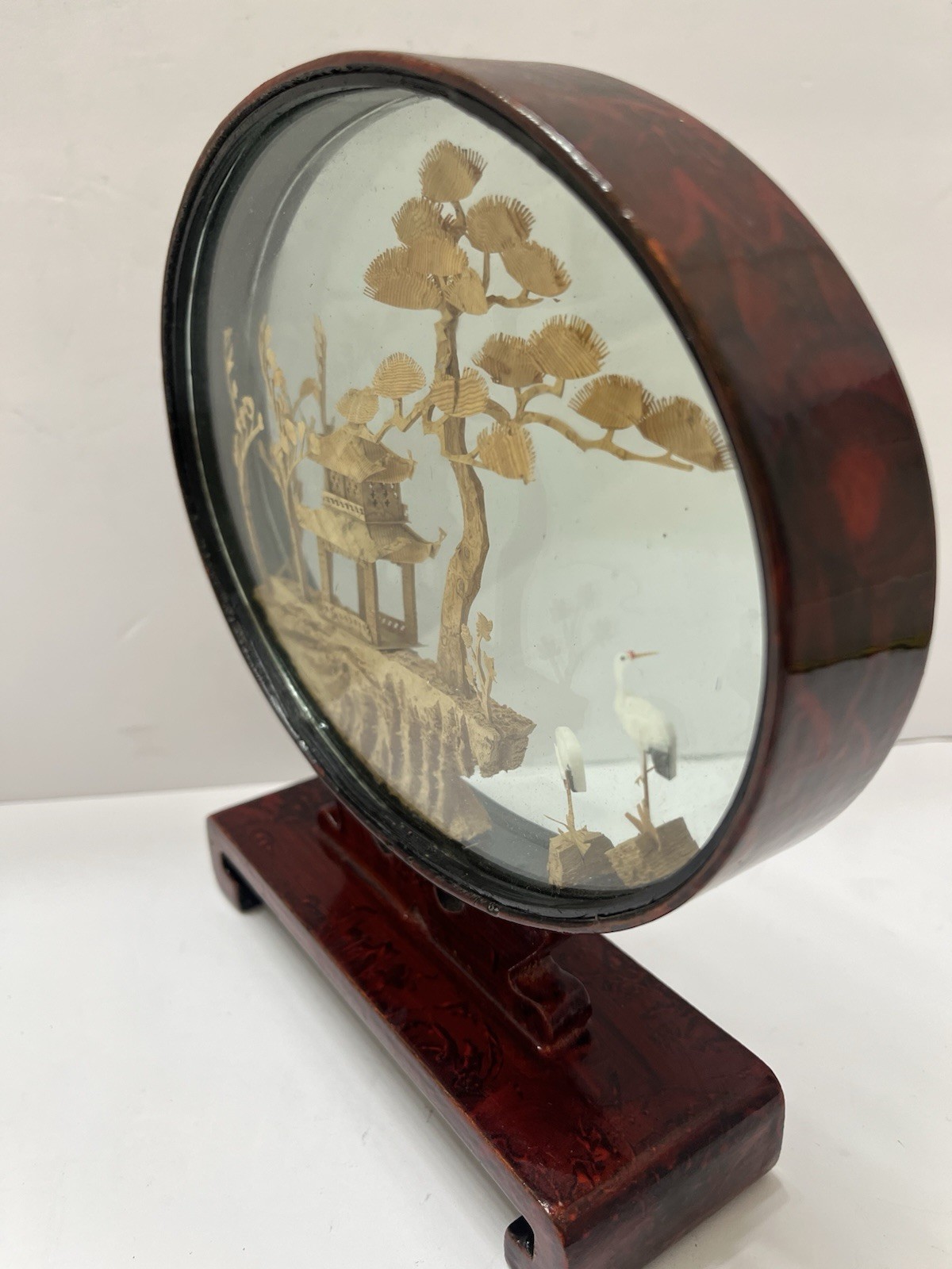 Vintage Chinese Hand Carved 3D Cork Diorama Framed Trees Pagoda Silk Crane 8×8”