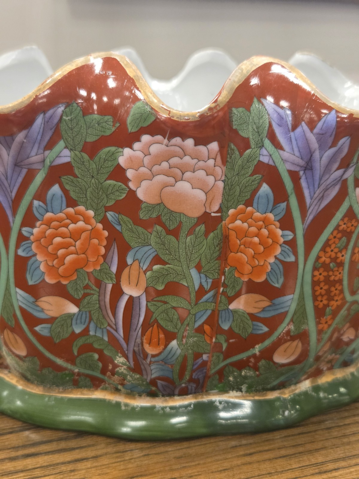 Chinese Foot Bath Satsuma Style Floral Red Vtg Porcelain Jardiniere Gold